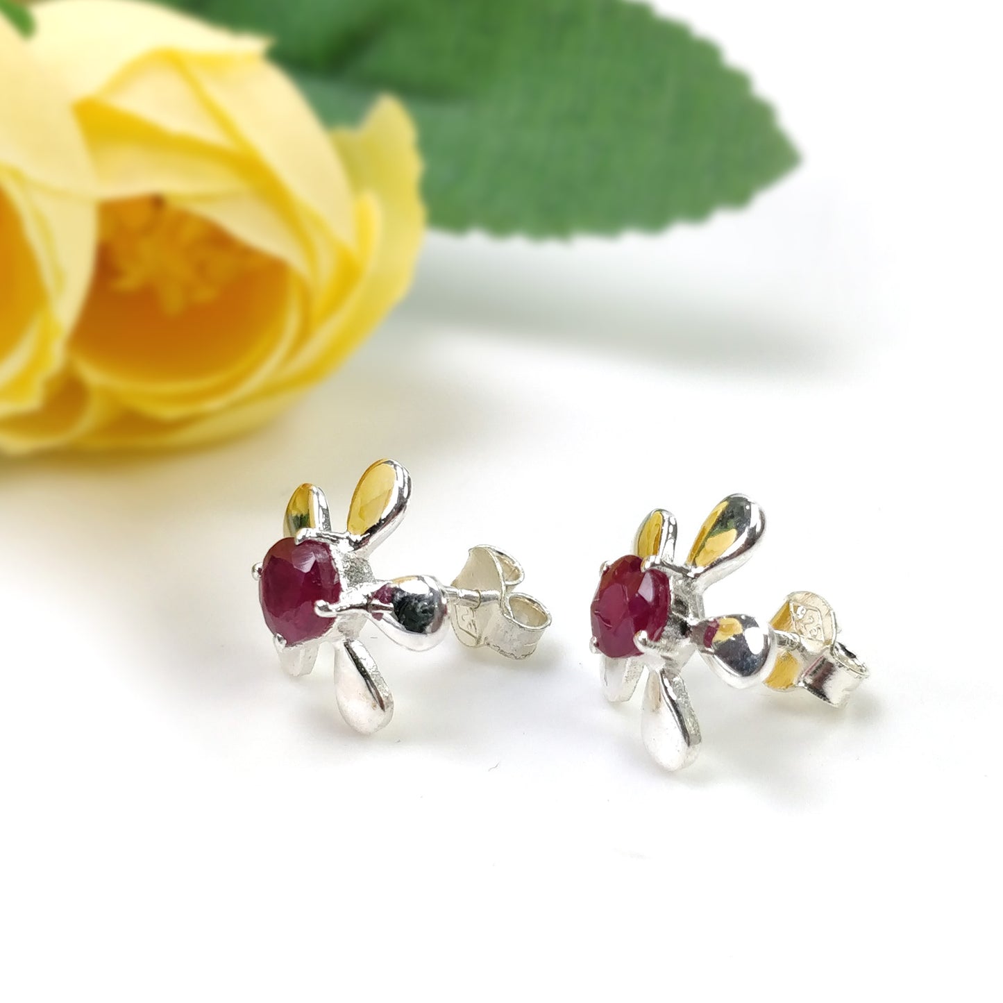 RUBY Gemstone 925 Sterling Silver Earrings : Natural Glass Filled Prong Set Silver & Yellow Gold Plated Push Back Floral Stud Earrings 0.5"