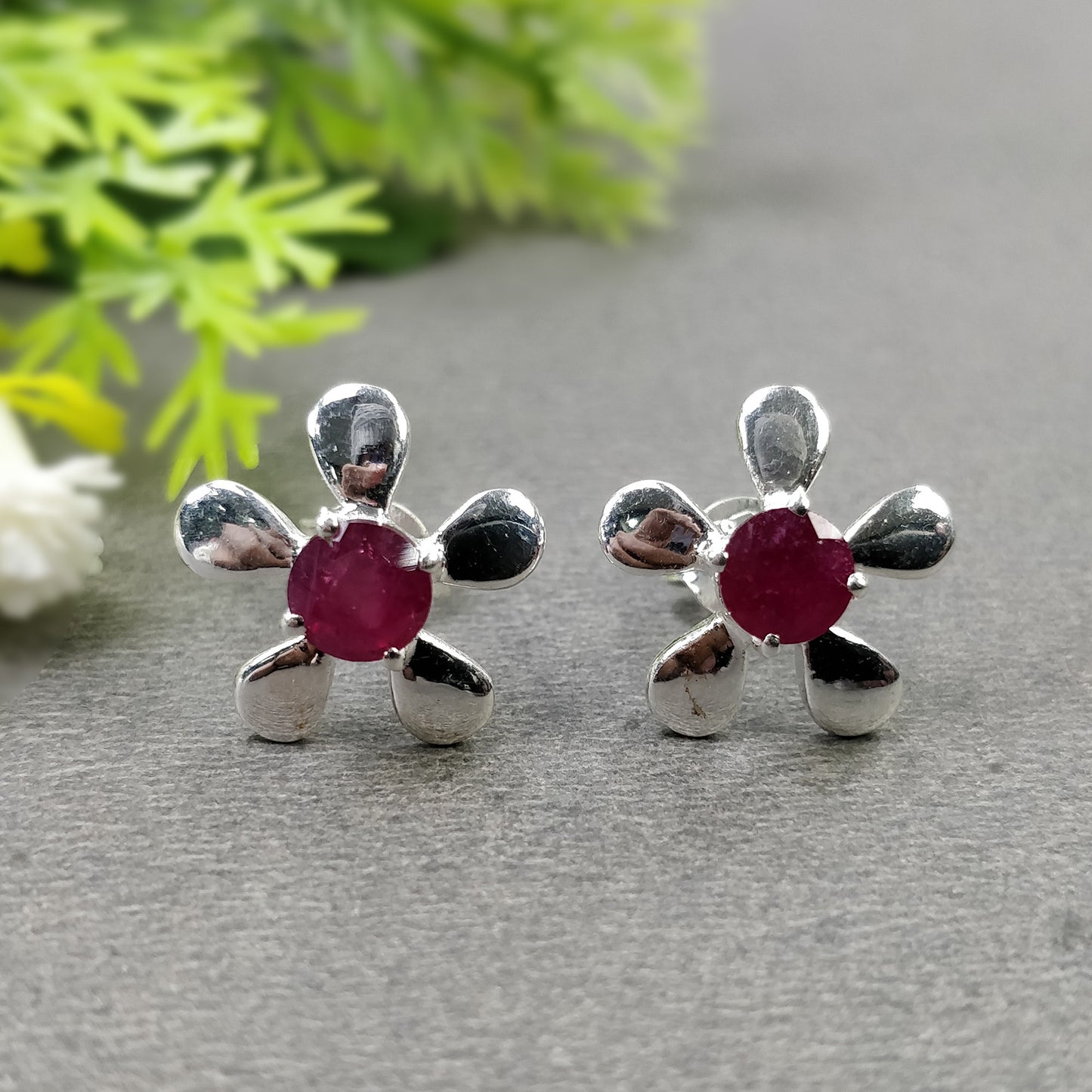RUBY Gemstone 925 Sterling Silver Earrings : Natural Glass Filled Prong Set Silver & Yellow Gold Plated Push Back Floral Stud Earrings 0.5"