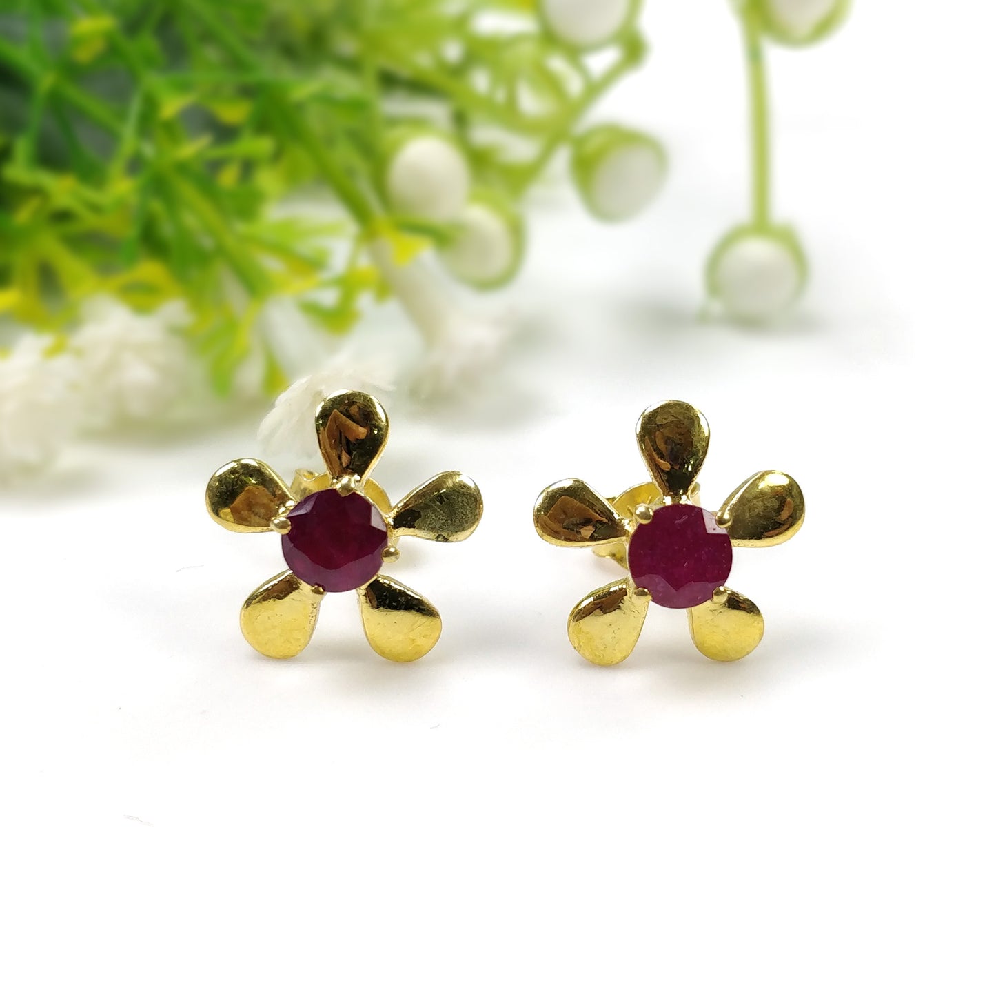 RUBY Gemstone 925 Sterling Silver Earrings : Natural Glass Filled Prong Set Silver & Yellow Gold Plated Push Back Floral Stud Earrings 0.5"