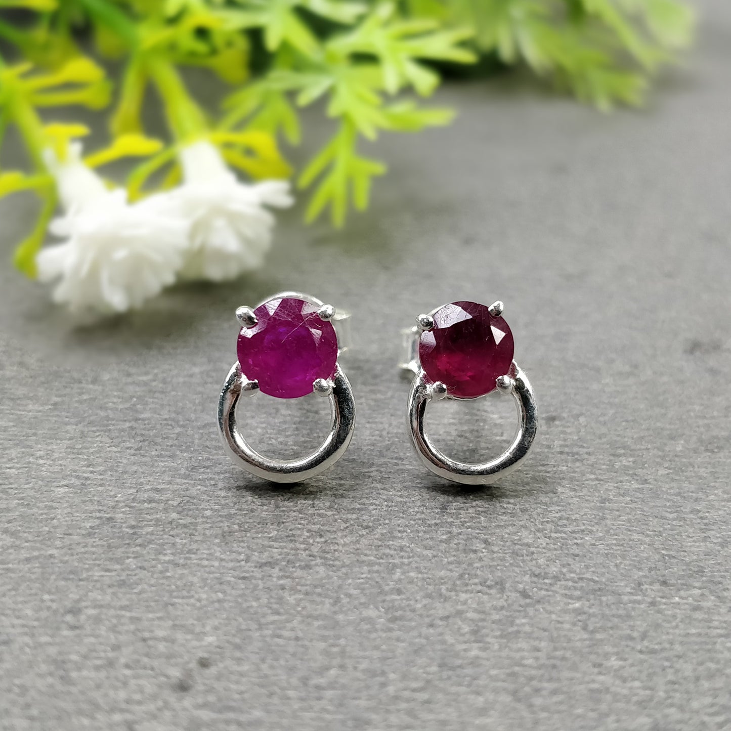 925 Sterling Silver Earrings : Natural RUBY Gemstone Glass Filled Prong Set Silver And Yellow Gold Plated Push Back Stud Earrings 0.5"