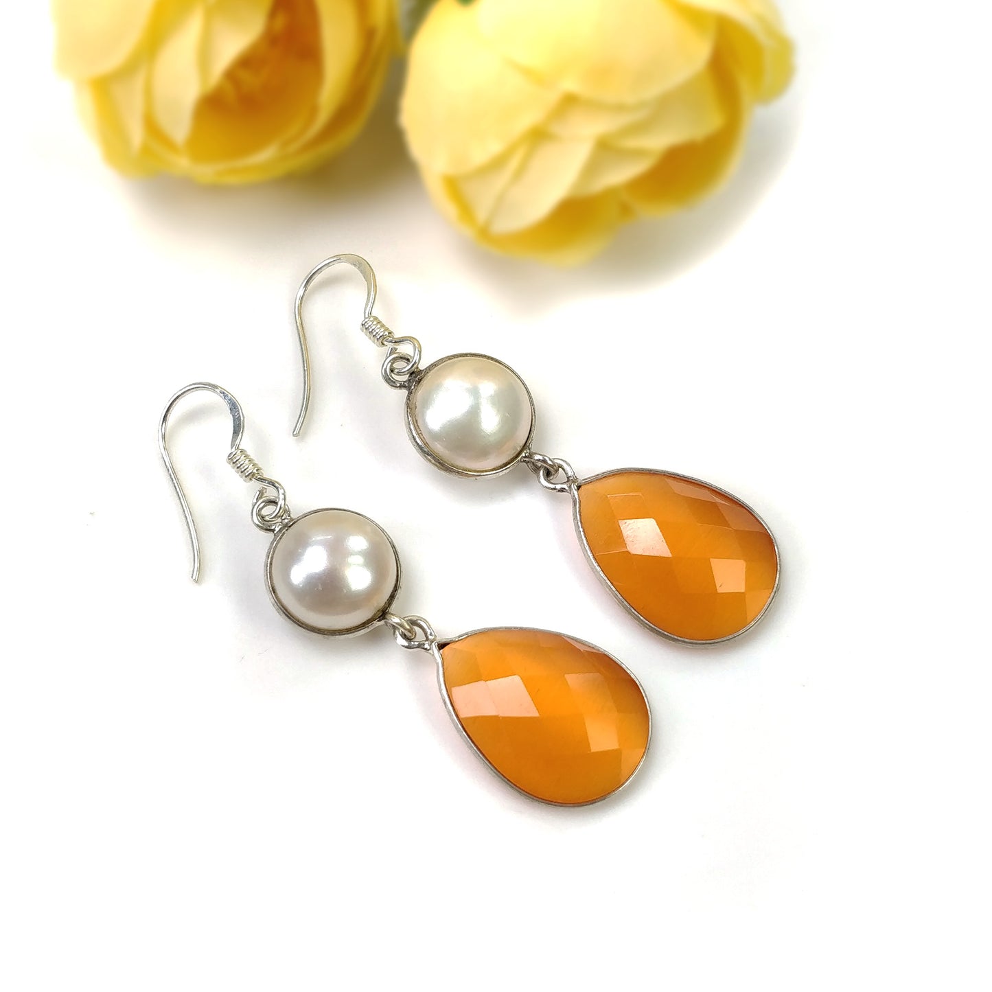 PEARL & Synthetic Rhinestone Gemstone 925 Sterling Silver Earring : 7.11gms Manmade Bezel Set Drop Dangle Hook Earrings 2"