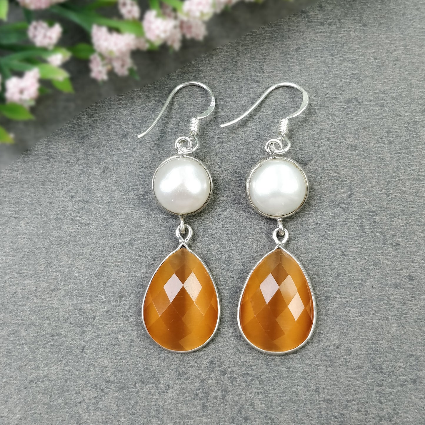 PEARL & Synthetic Rhinestone Gemstone 925 Sterling Silver Earring : 7.11gms Manmade Bezel Set Drop Dangle Hook Earrings 2"