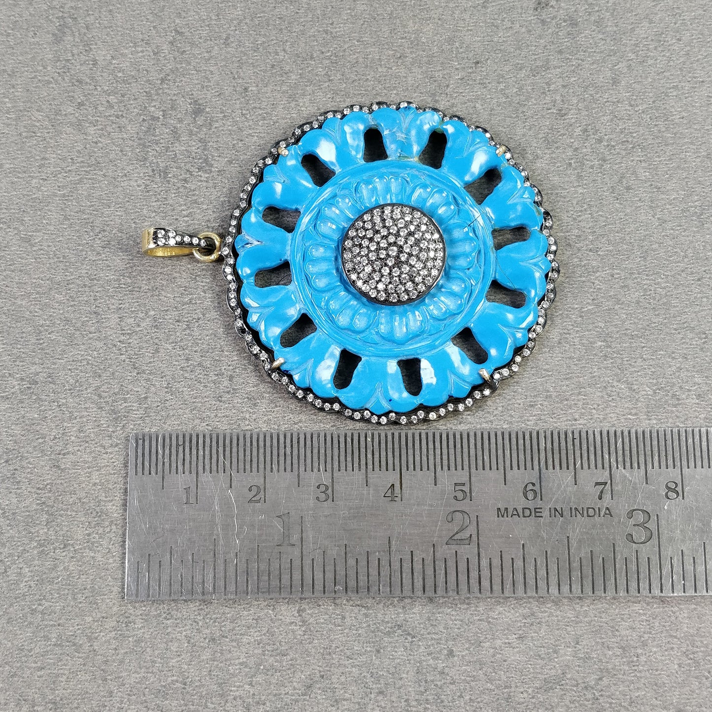 Synthetic Blue TURQUOISE Gemstone With CZ Pendant : 12.46gms 925 Sterling Silver Gold Plated Hand Carved Prong Set Pendant 2.5"