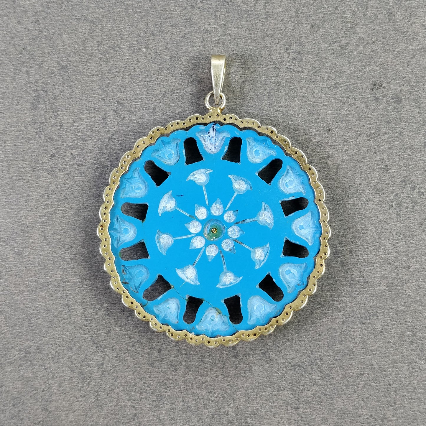 Synthetic Blue TURQUOISE Gemstone With CZ Pendant : 12.46gms 925 Sterling Silver Gold Plated Hand Carved Prong Set Pendant 2.5"