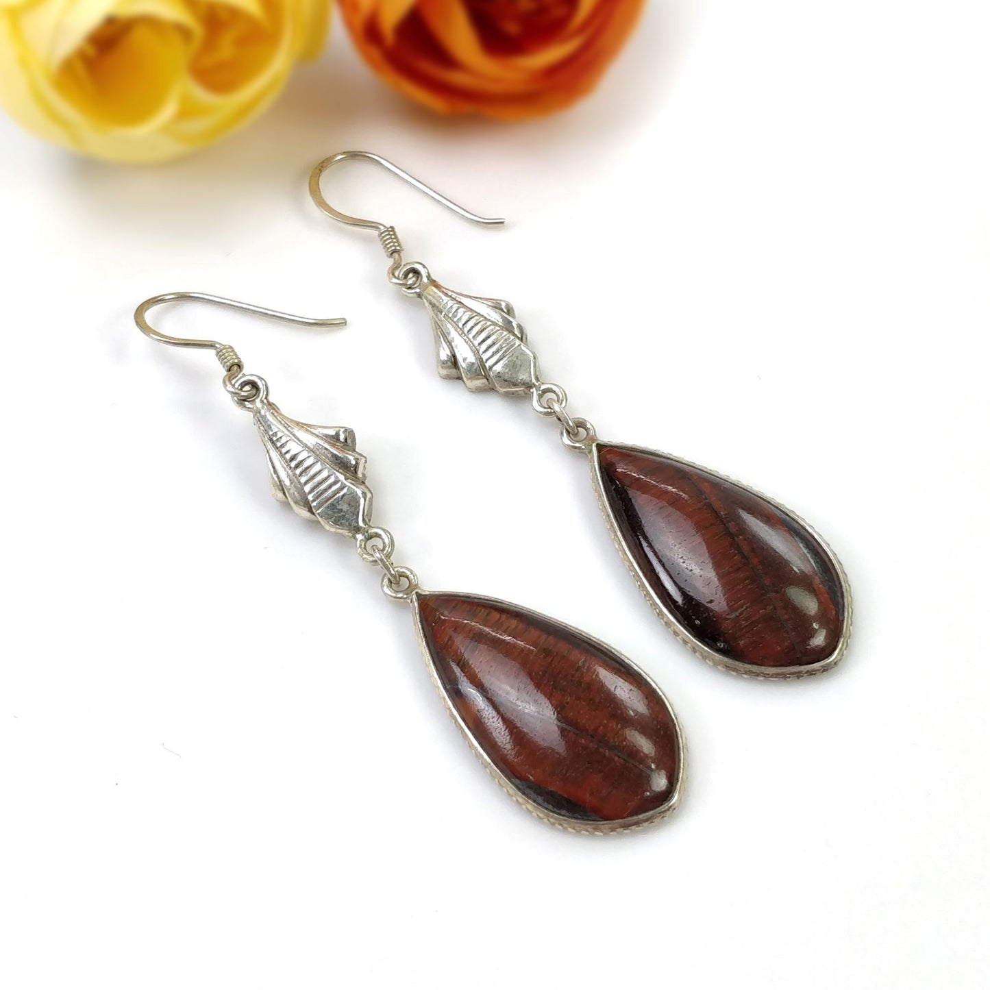TIGER EYE Gemstone Earrings : 7.08gms Natural Tiger Eye 925 Sterling Silver Brown Cabochon Bezel Set Drop Dangle Earring 2.75"