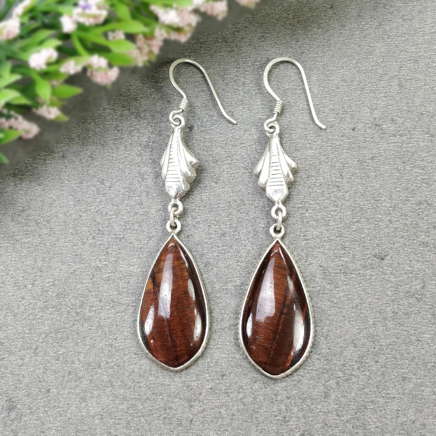 TIGER EYE Gemstone Earrings : 7.08gms Natural Tiger Eye 925 Sterling Silver Brown Cabochon Bezel Set Drop Dangle Earring 2.75"