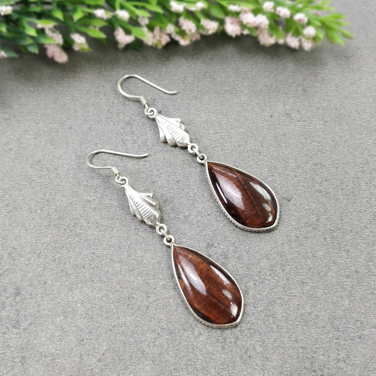 TIGER EYE Gemstone Earrings : 7.08gms Natural Tiger Eye 925 Sterling Silver Brown Cabochon Bezel Set Drop Dangle Earring 2.75"