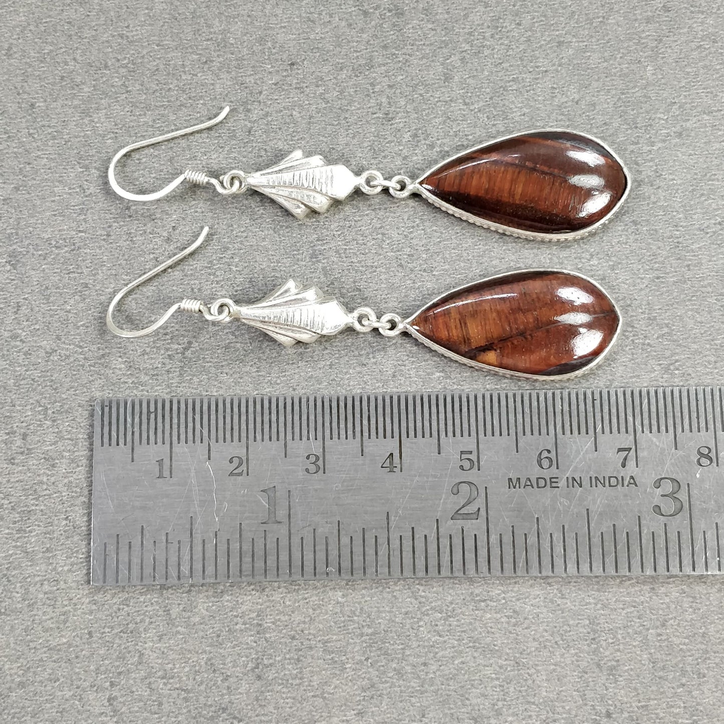 TIGER EYE Gemstone Earrings : 7.08gms Natural Tiger Eye 925 Sterling Silver Brown Cabochon Bezel Set Drop Dangle Earring 2.75"