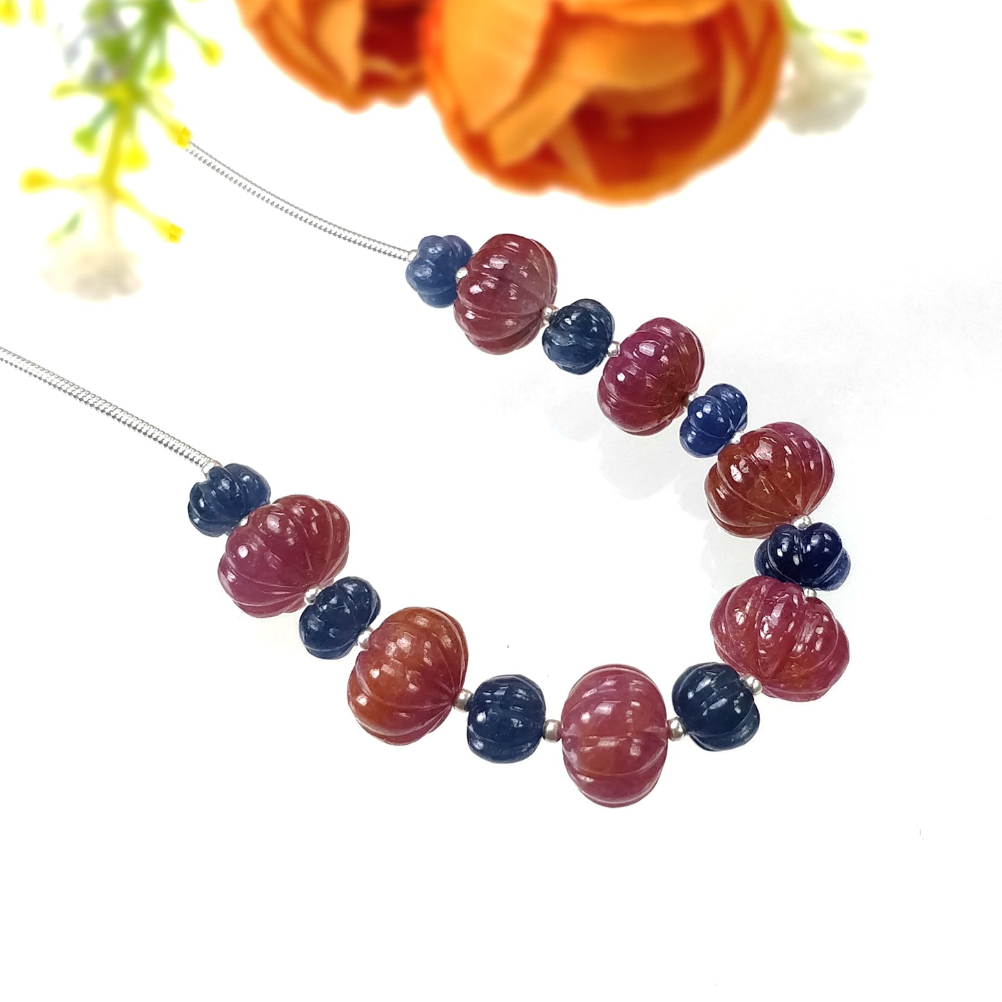RUBY Blue SAPPHIRE Gemstone Carving Loose Beads : 69.25cts Natural Untreated Round Shape Hand Carved Melon Beads 6mm - 10.5mm
