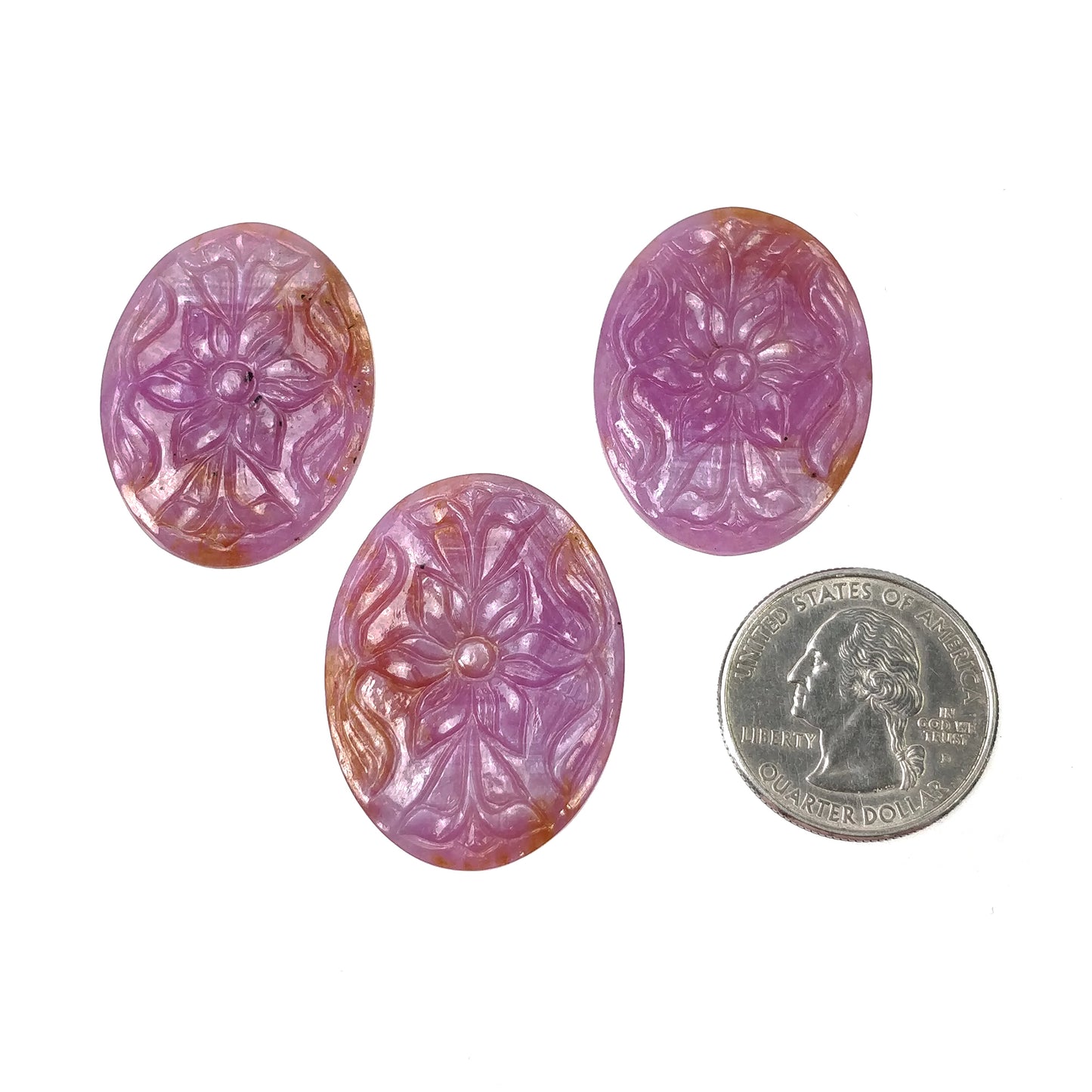 Raspberry Sheen SAPPHIRE Gemstone Carving: 104.20cts Natural Untreated Pink Sapphire Hand Carved Oval 34.5*25.5mm - 36*27mm 3pcs