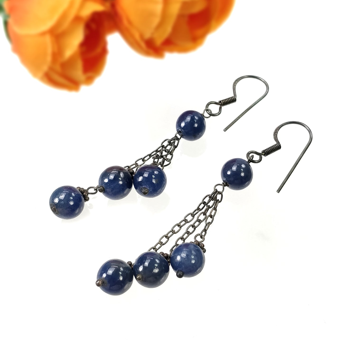 BLUE SAPPHIRE 925 Sterling Silver Earrings : 8.390gms Natural Triple Dangle Victorian Round Plain Beaded Hook Earrings 2.50"