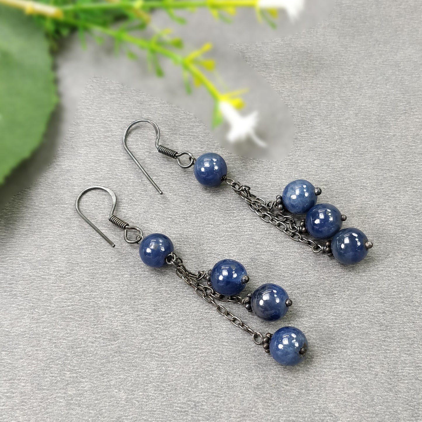 BLUE SAPPHIRE 925 Sterling Silver Earrings : 8.390gms Natural Triple Dangle Victorian Round Plain Beaded Hook Earrings 2.50"