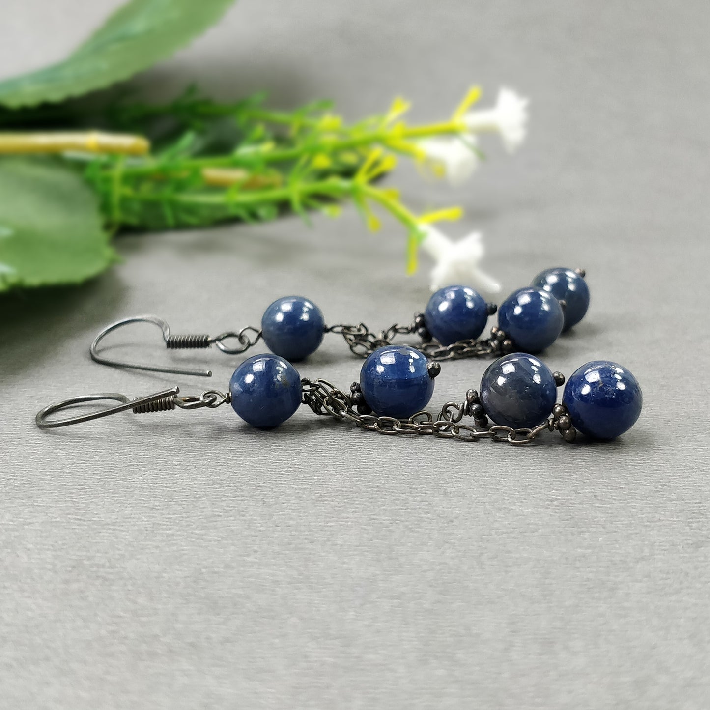 BLUE SAPPHIRE 925 Sterling Silver Earrings : 8.390gms Natural Triple Dangle Victorian Round Plain Beaded Hook Earrings 2.50"