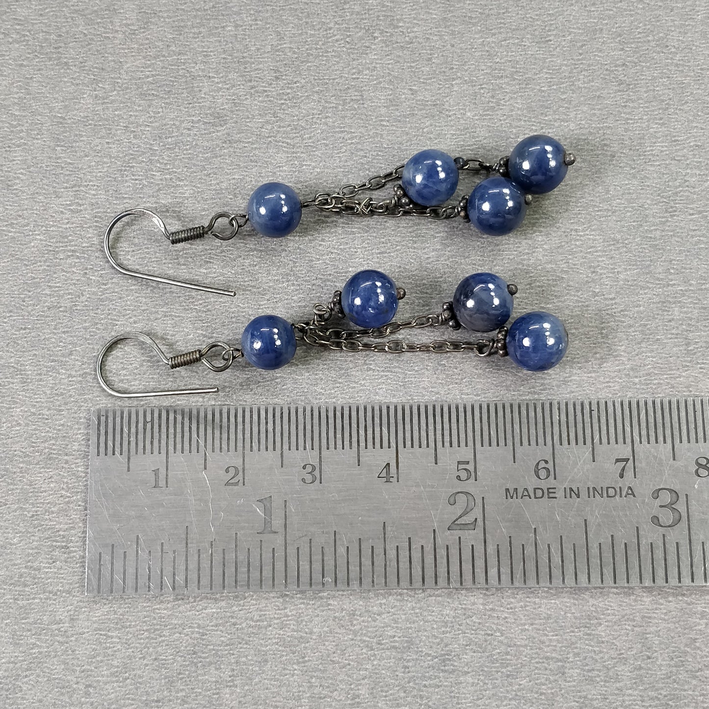 BLUE SAPPHIRE 925 Sterling Silver Earrings : 8.390gms Natural Triple Dangle Victorian Round Plain Beaded Hook Earrings 2.50"