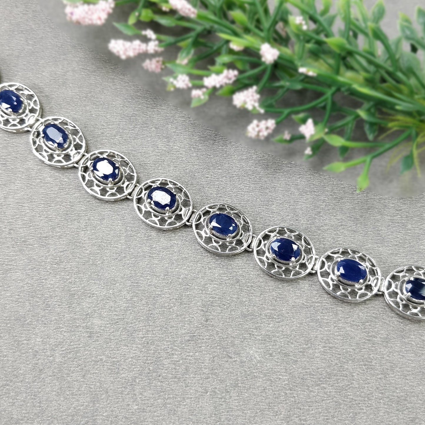 BLUE SAPPHIRE Gemstone BRACELET : 17.730gms 925 Sterling Silver Natural Sapphire Oval Normal Cut Prong Set Tennis Bracelet 7.50"