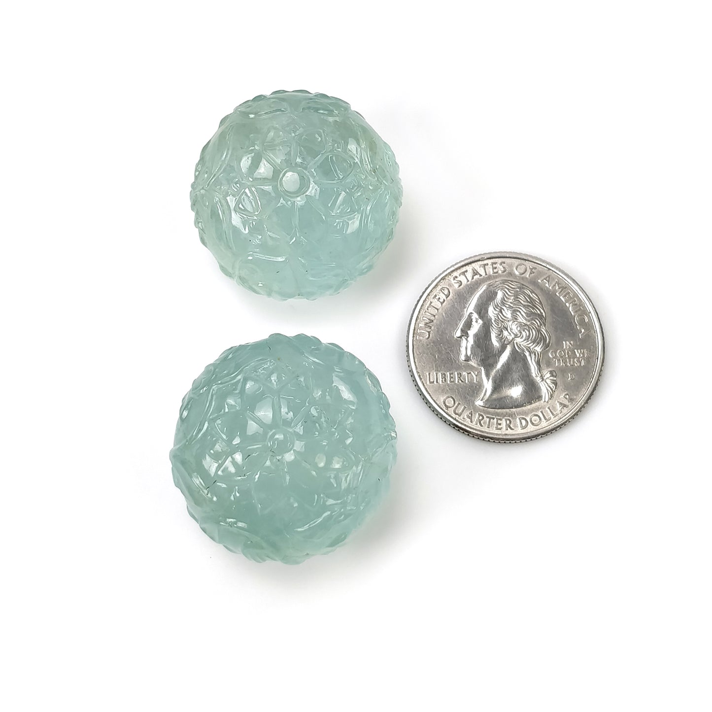MILKY AQUAMARINE Gemstone CARVING : 166cts Natural Untreated Aquamarine Hand Carved Round Briolette 25mm Pair
