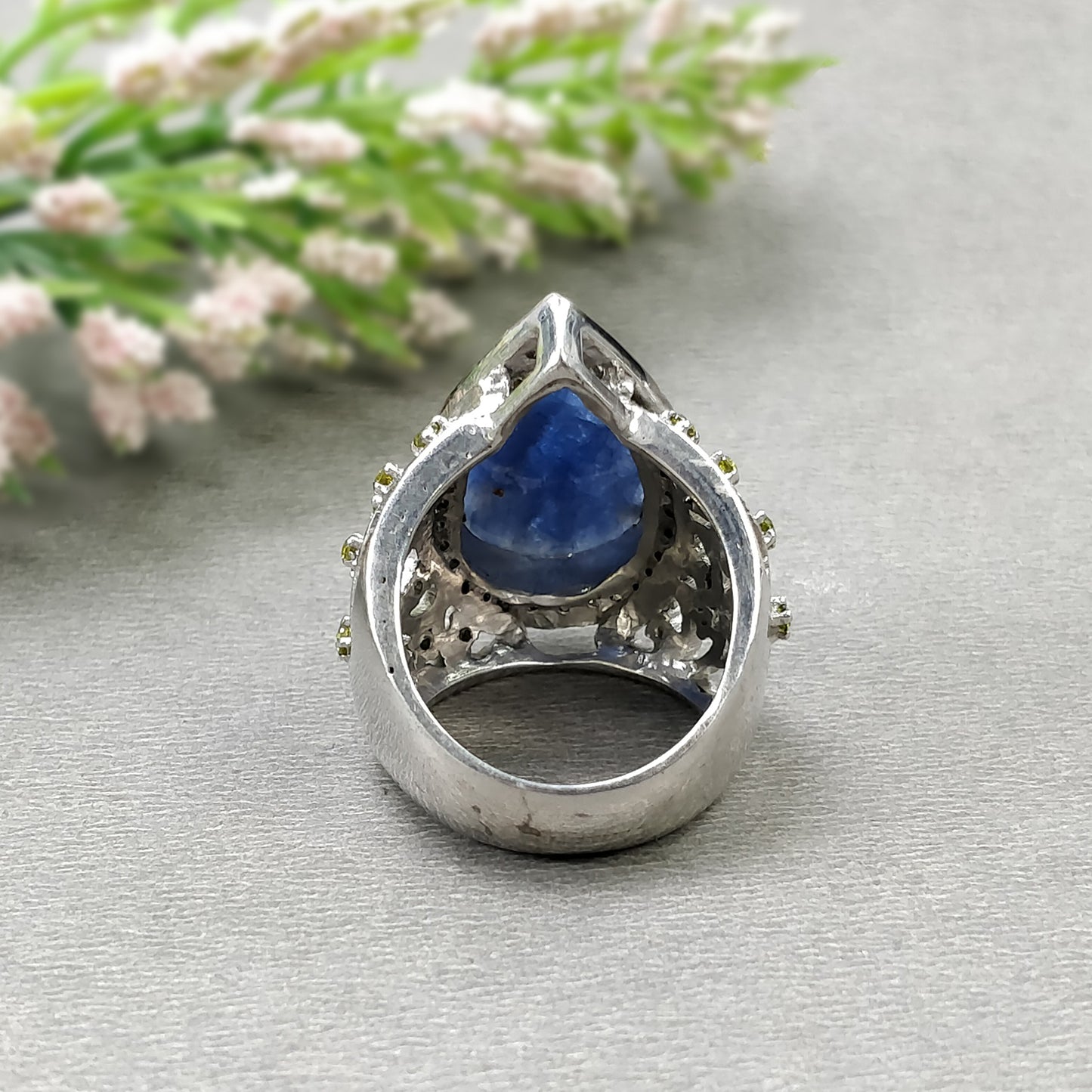 925 Sterling Silver RING : Natural Blue SAPPHIRE Gemstone With CZ Round Rose Cut Prong Set Fine Statement Unisex Ring 6.5US