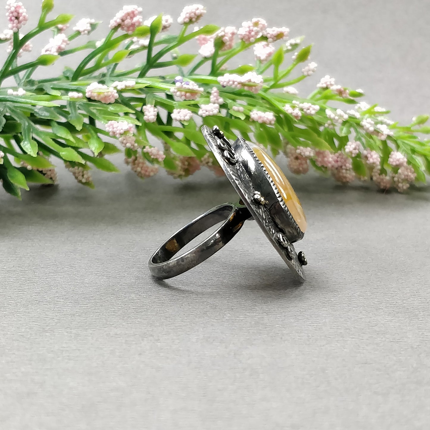 925 Sterling Silver RING : Natural BOTSWANA AGATE Gemstone Oval Shape Cabochon Bezel Set Fine Statement Victorian Unisex Ring 6.5US