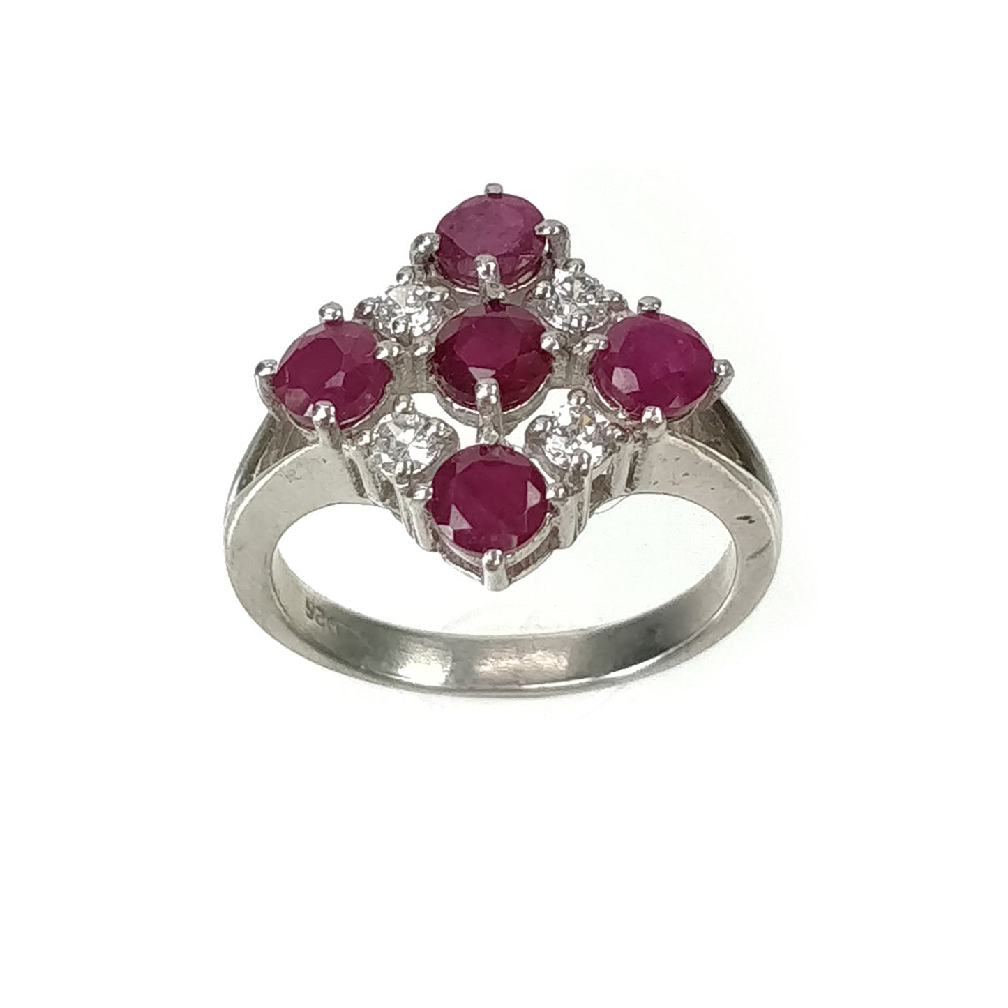 Natural RED RUBY With CZ Gemstone Ring: 3.850gms 925 Sterling Silver Natural Ruby Round Normal Cut Prong Set Ring For Women 7US
