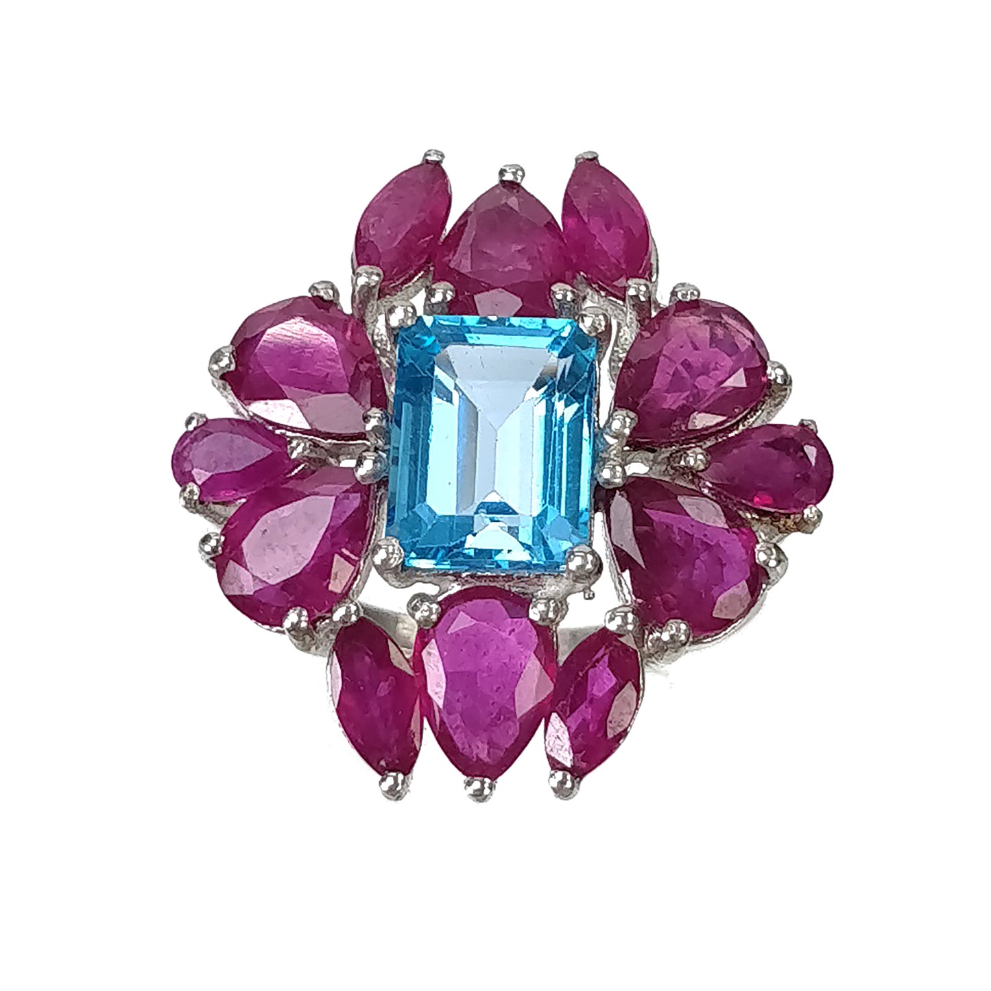 RUBY Blue Topaz Gemstone RING : 6.92gms 925 Sterling Silver Natural Ruby & Topaz Normal Cut Prong Set Ring For Women 6.75US