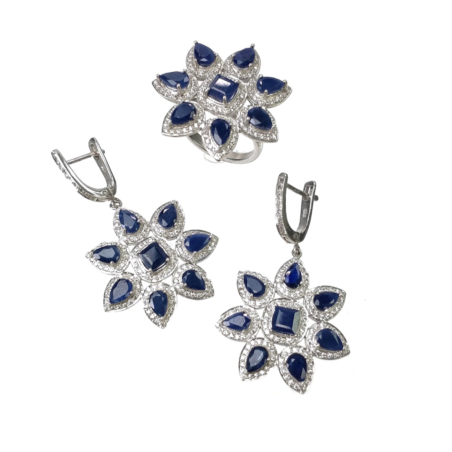 925 Sterling Silver Jewelry : Natural Blue Sapphire Gemstone & CZ Flower Designer Ring Earrings Jewelry Set For Wedding Bridal