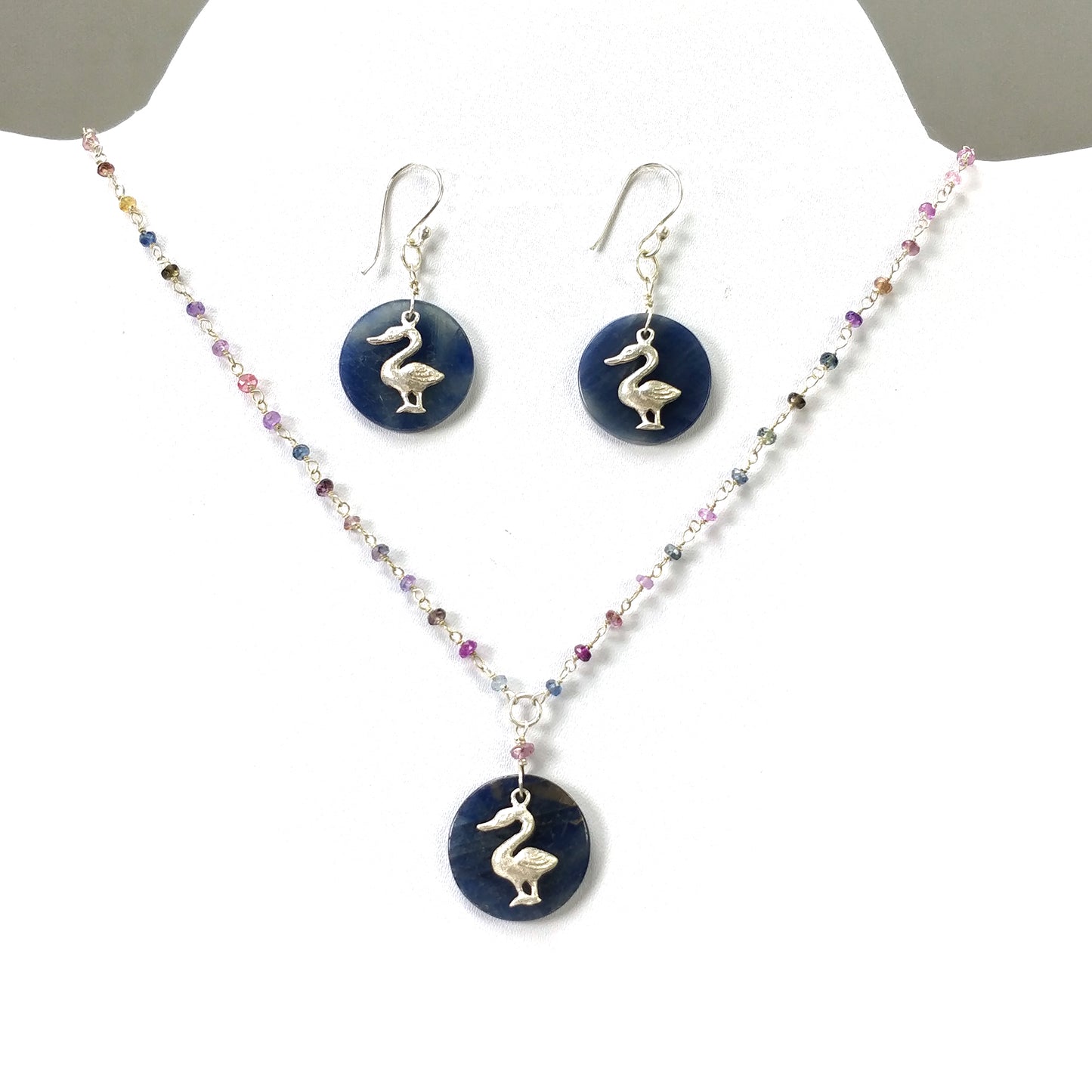 925 Sterling Silver Jewelry : Natural Untreated BLUE SAPPHIRE Gemstone 1.85" Beaded Necklace Drop Dangle Earring Jewelry Set