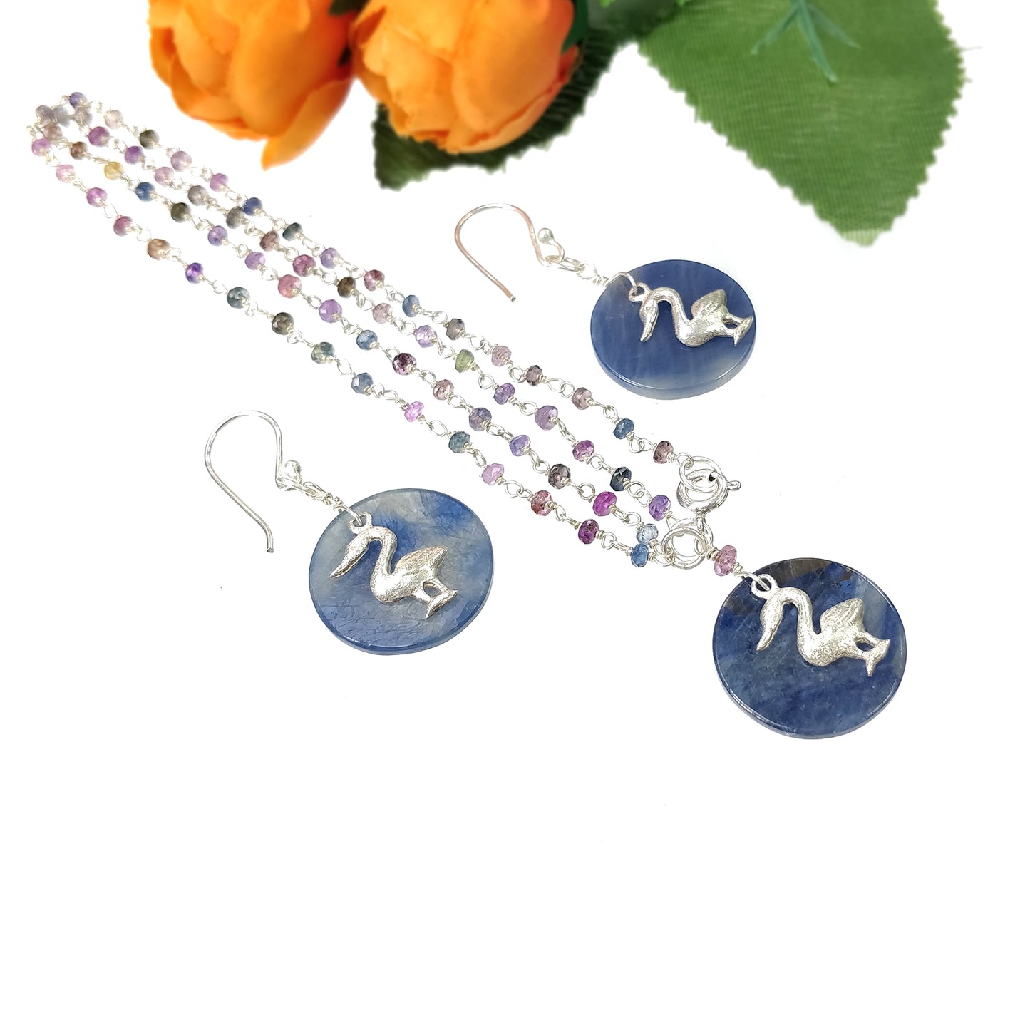 925 Sterling Silver Jewelry : Natural Untreated BLUE SAPPHIRE Gemstone 1.85" Beaded Necklace Drop Dangle Earring Jewelry Set
