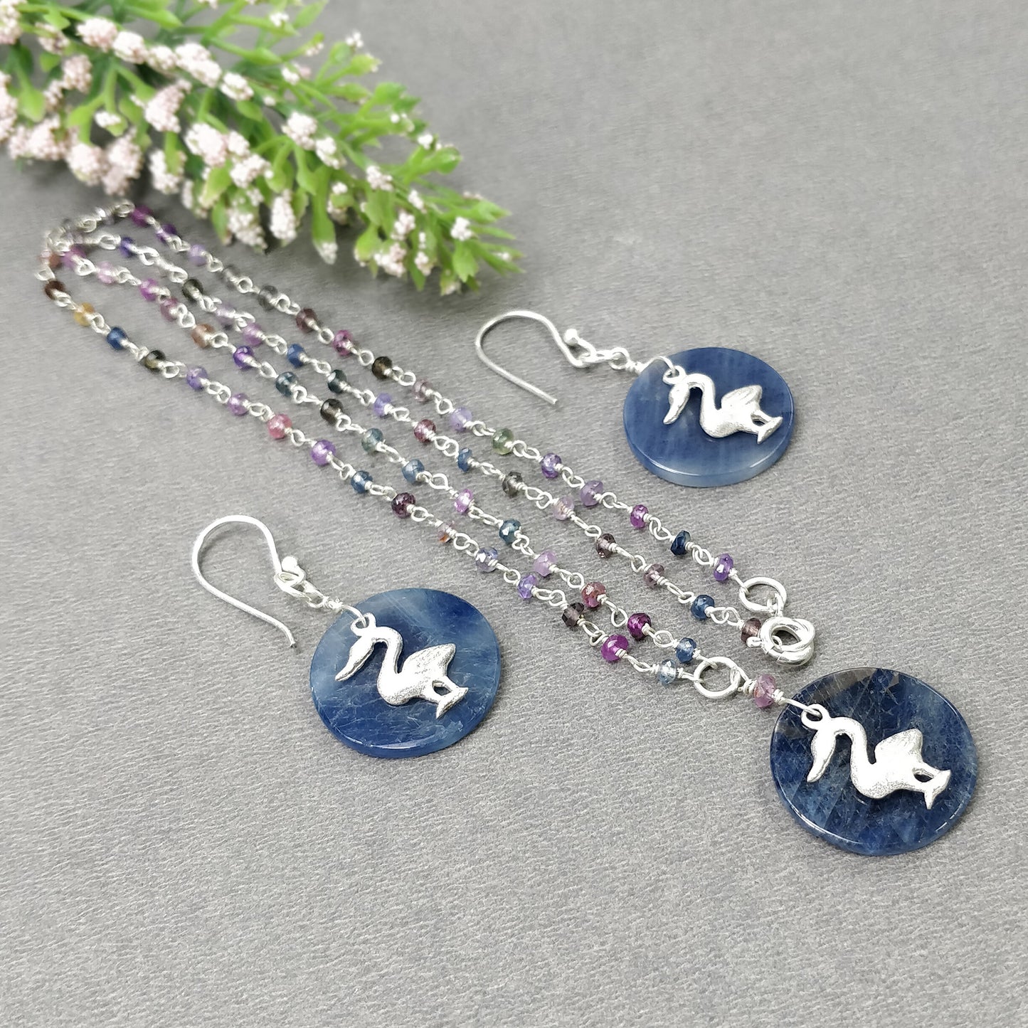 925 Sterling Silver Jewelry : Natural Untreated BLUE SAPPHIRE Gemstone 1.85" Beaded Necklace Drop Dangle Earring Jewelry Set