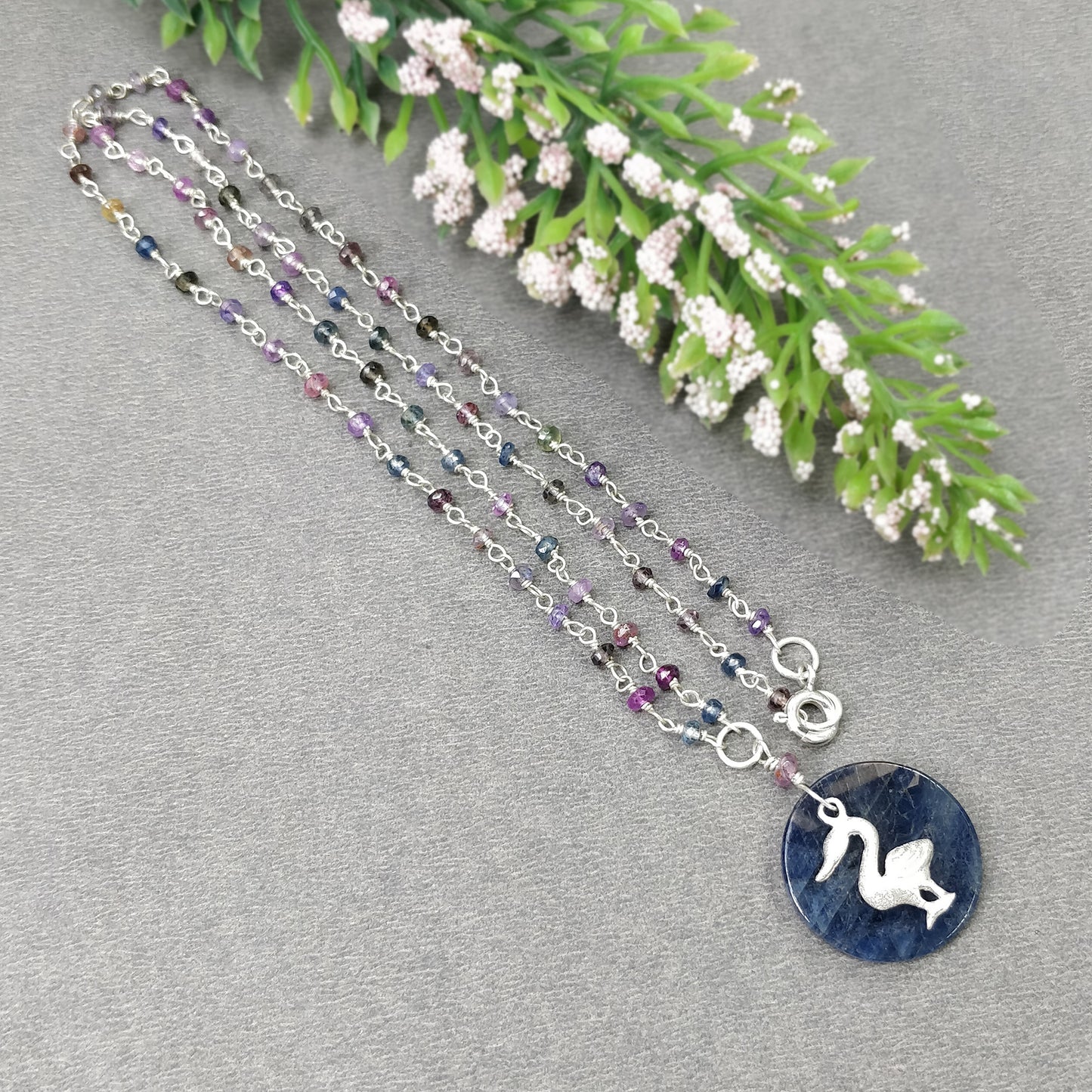 925 Sterling Silver Jewelry : Natural Untreated BLUE SAPPHIRE Gemstone 1.85" Beaded Necklace Drop Dangle Earring Jewelry Set