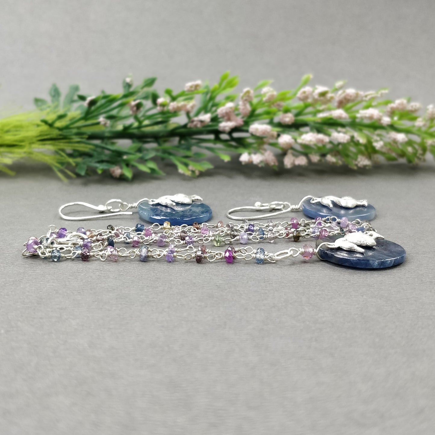 925 Sterling Silver Jewelry : Natural Untreated BLUE SAPPHIRE Gemstone 1.85" Beaded Necklace Drop Dangle Earring Jewelry Set