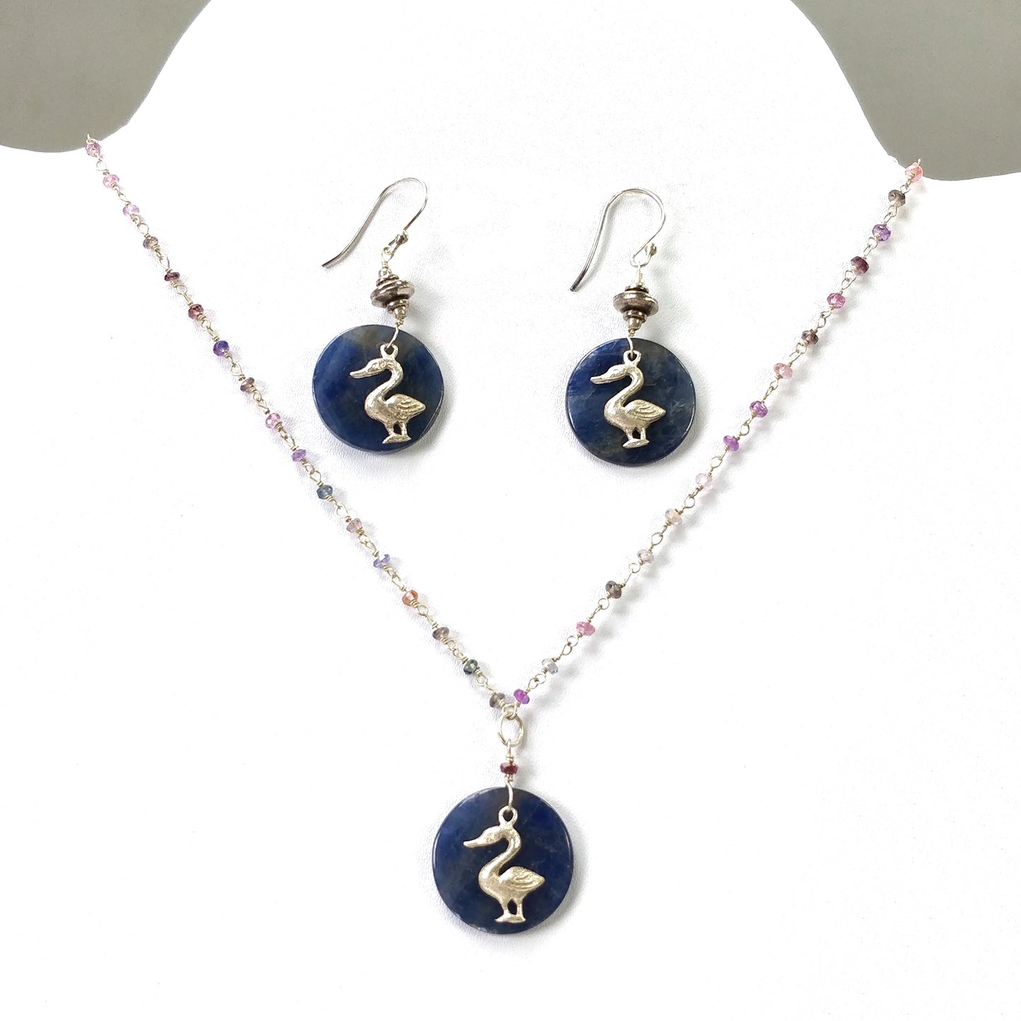 925 Sterling Silver Jewelry : Natural Untreated BLUE SAPPHIRE Gemstone 1.85" Beaded Necklace Drop Dangle Earring Jewelry Set