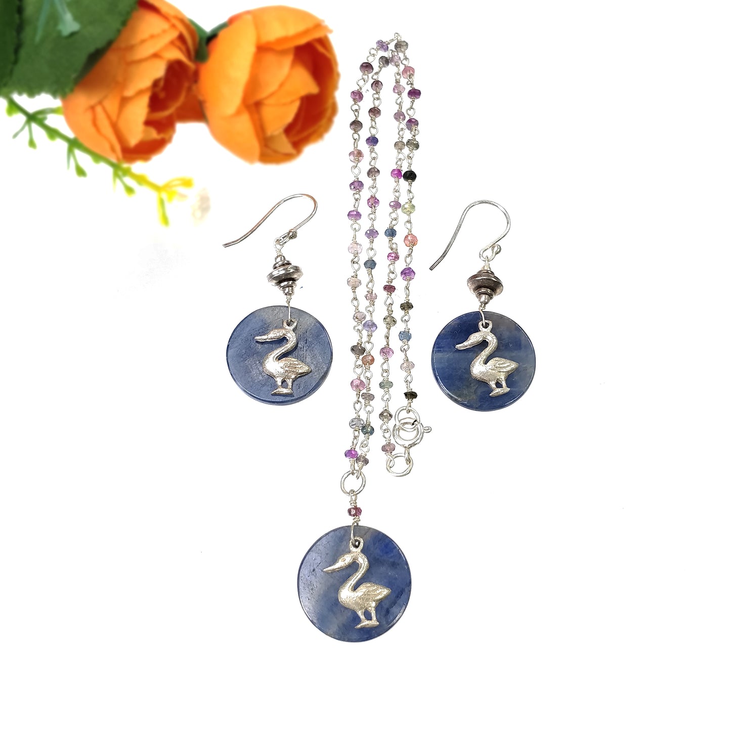 925 Sterling Silver Jewelry : Natural Untreated BLUE SAPPHIRE Gemstone 1.85" Beaded Necklace Drop Dangle Earring Jewelry Set
