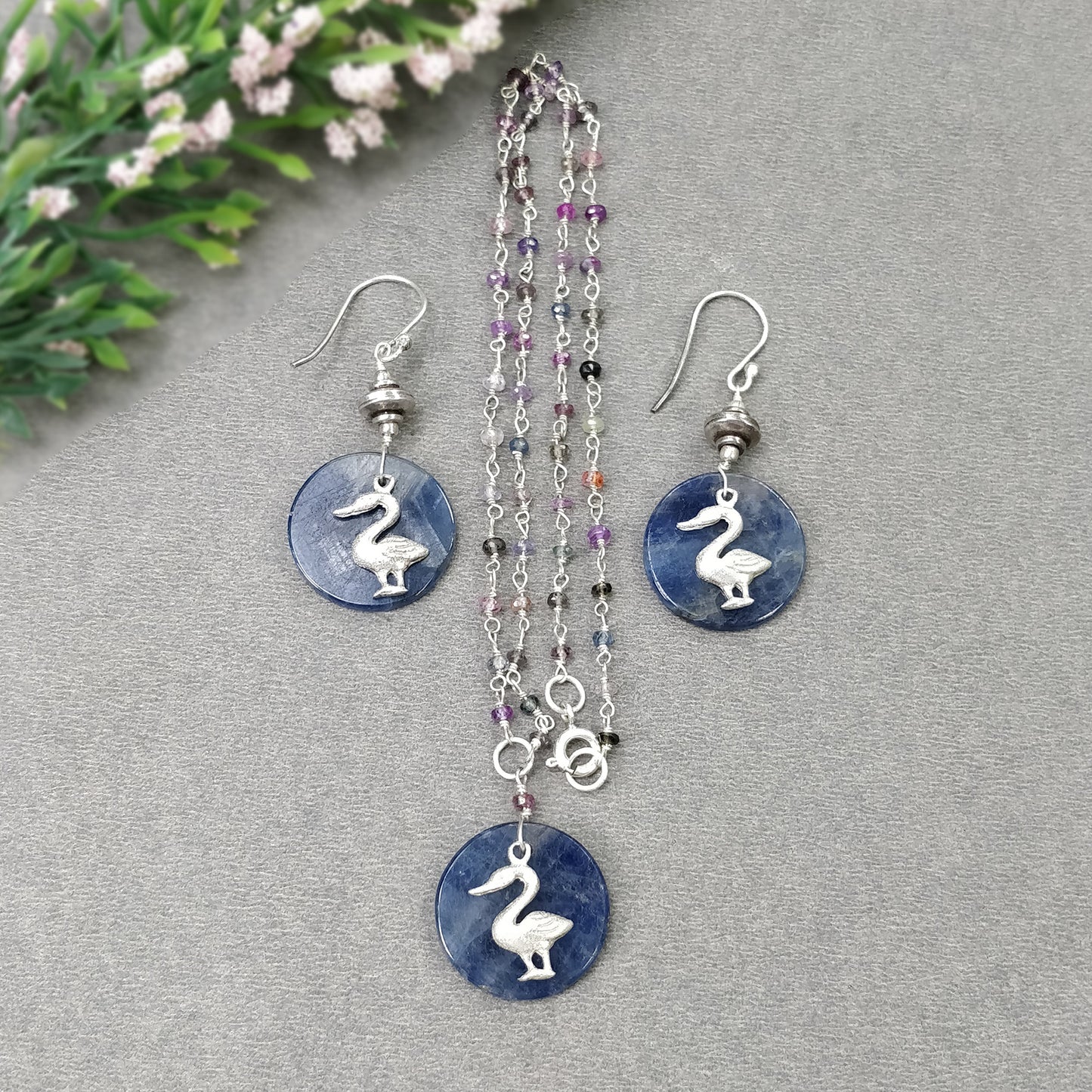 925 Sterling Silver Jewelry : Natural Untreated BLUE SAPPHIRE Gemstone 1.85" Beaded Necklace Drop Dangle Earring Jewelry Set