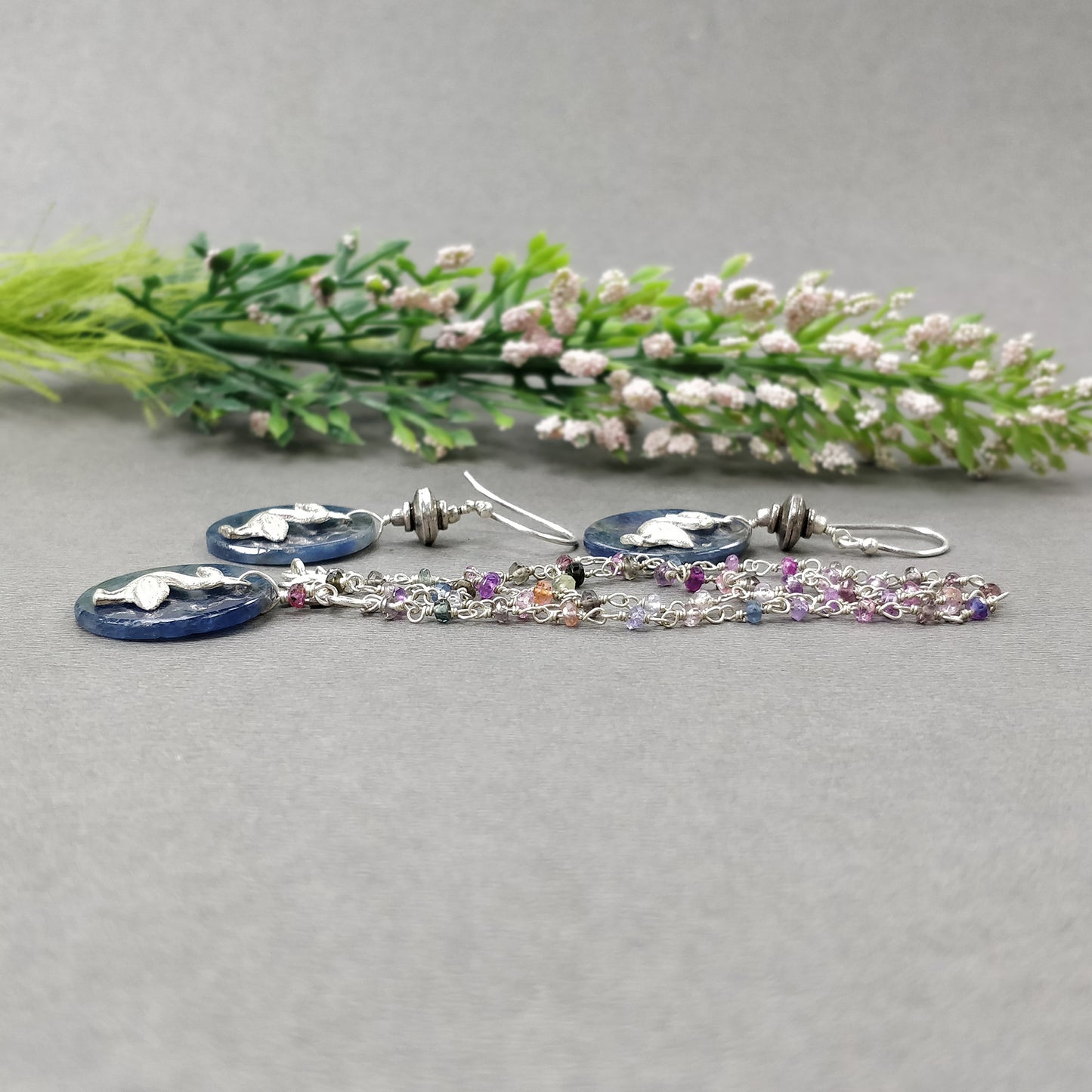 925 Sterling Silver Jewelry : Natural Untreated BLUE SAPPHIRE Gemstone 1.85" Beaded Necklace Drop Dangle Earring Jewelry Set