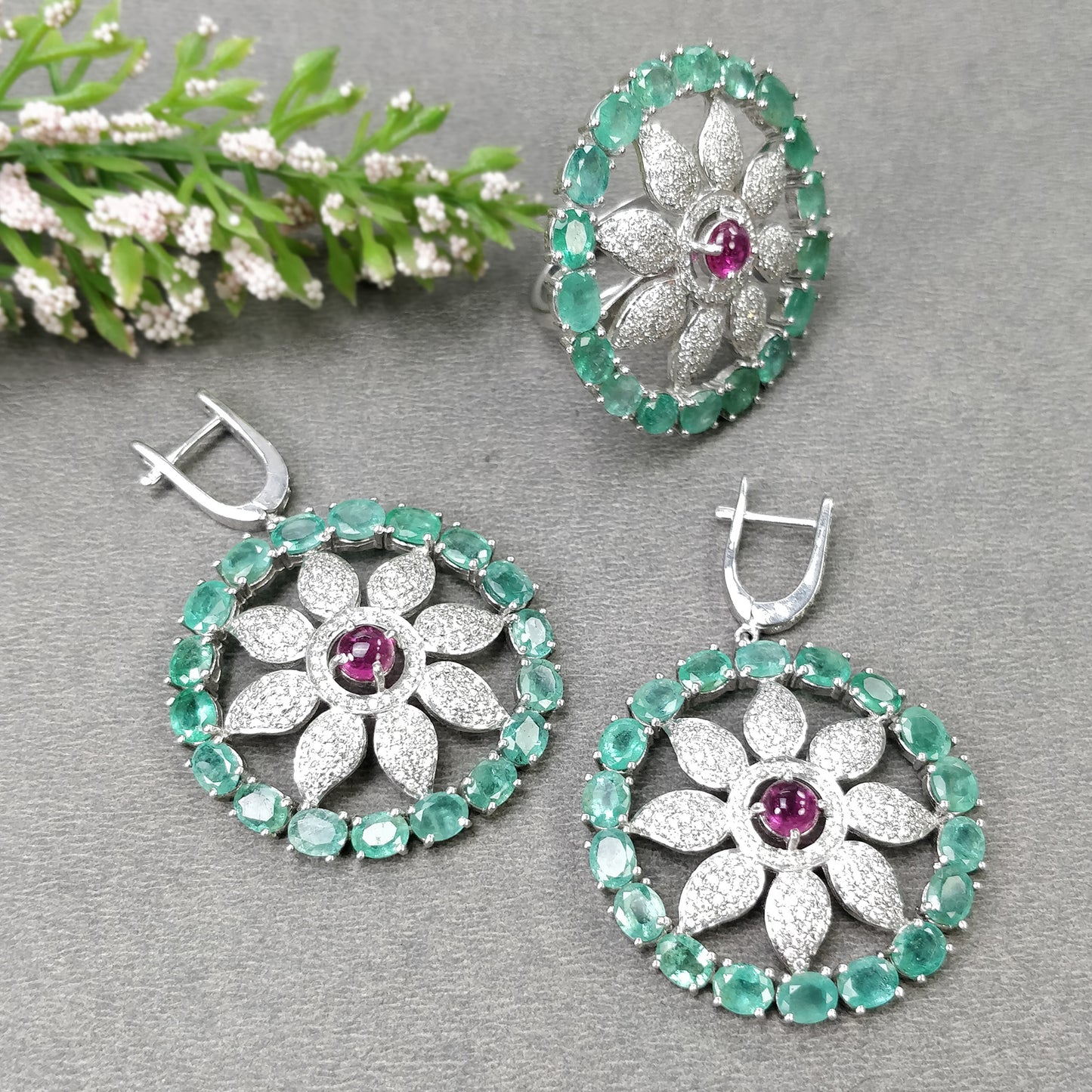 EMERALD & Pink TOURMALINE Gemstone With CZ Jewelry : 925 Sterling Silver Natural Untreated Round Oval Earring Ring Jewelry Set