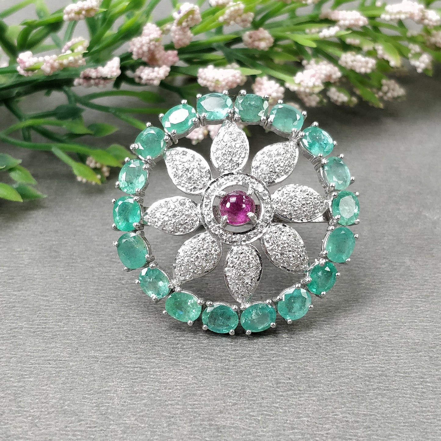 EMERALD & Pink TOURMALINE Gemstone With CZ Jewelry : 925 Sterling Silver Natural Untreated Round Oval Earring Ring Jewelry Set