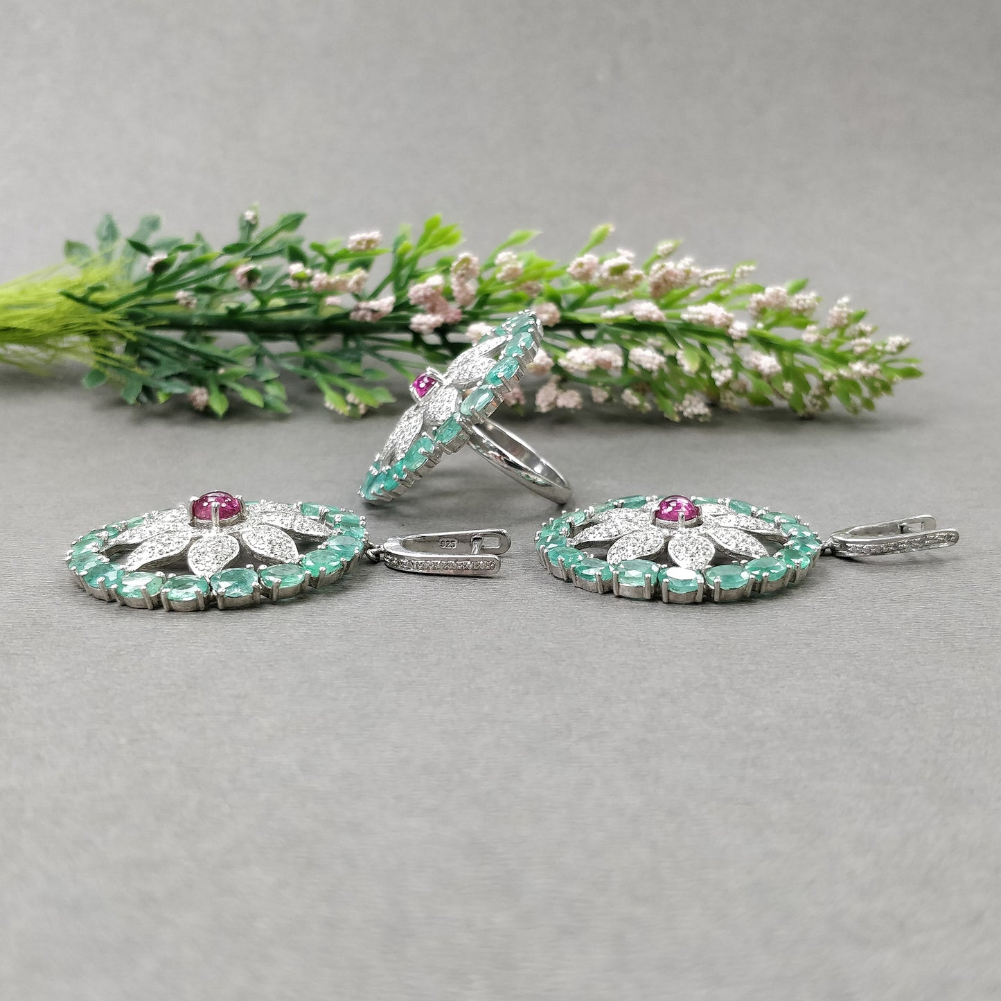 EMERALD & Pink TOURMALINE Gemstone With CZ Jewelry : 925 Sterling Silver Natural Untreated Round Oval Earring Ring Jewelry Set