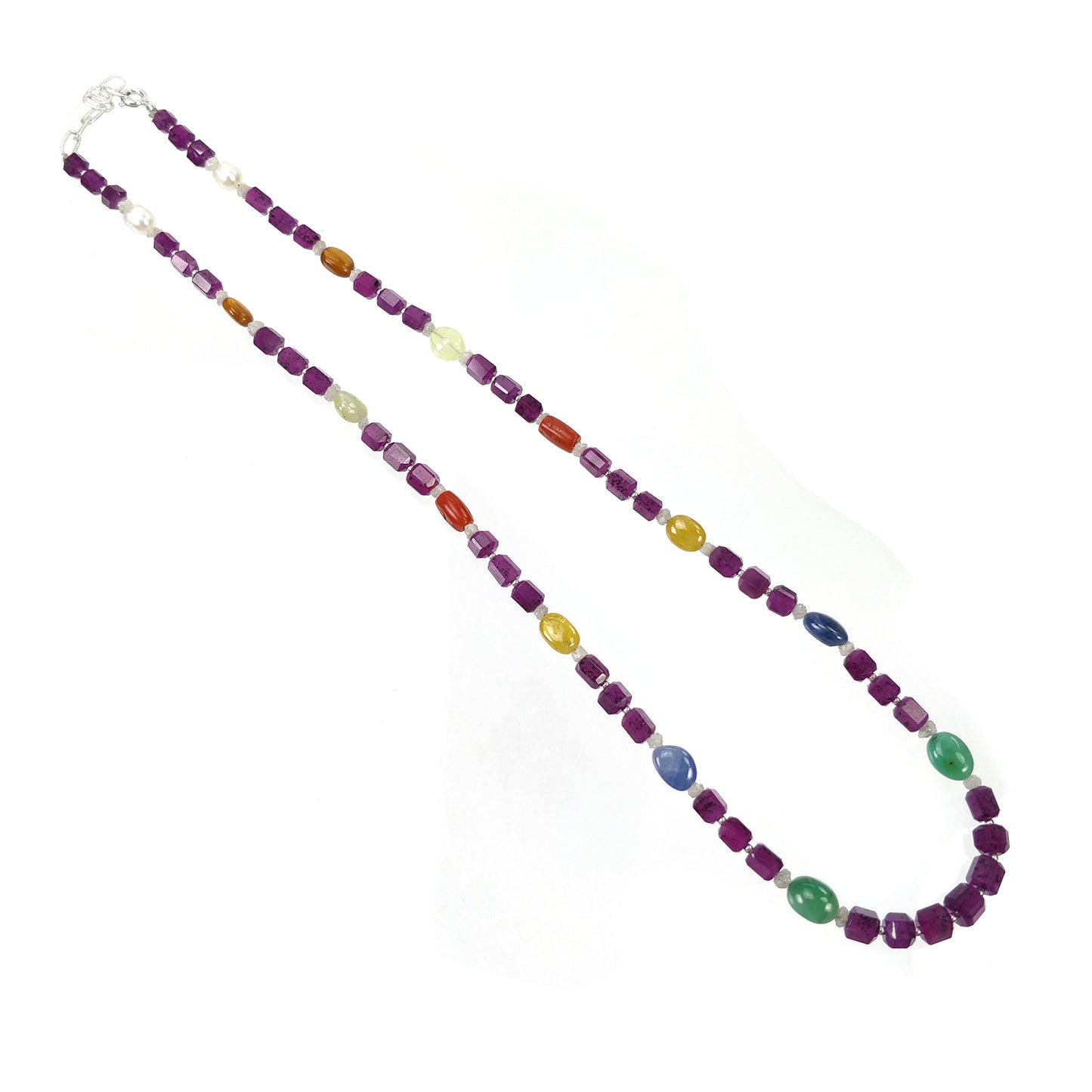 Multi Sapphire Hessonite Coral Diamond Emerald Cat's Eye Pearl Nav Ratan Necklace : 24.55gms Natural 4.5mm - 9*7mm 19"
