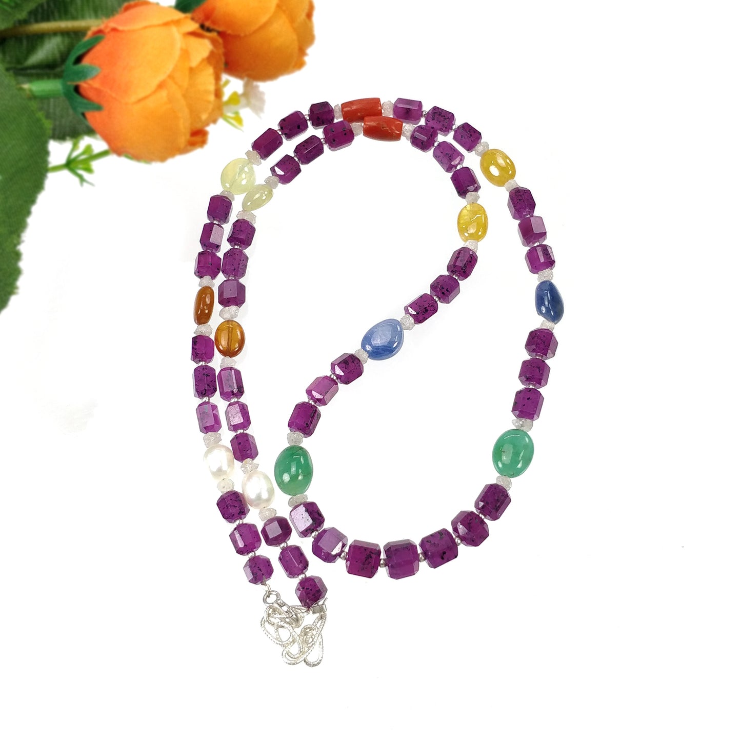 Multi Sapphire Hessonite Coral Diamond Emerald Cat's Eye Pearl Nav Ratan Necklace : 24.55gms Natural 4.5mm - 9*7mm 19"