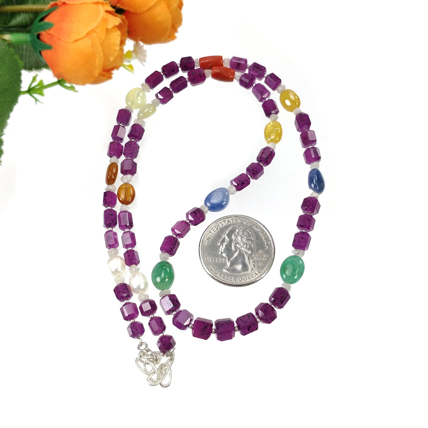 Multi Sapphire Hessonite Coral Diamond Emerald Cat's Eye Pearl Nav Ratan Necklace : 24.55gms Natural 4.5mm - 9*7mm 19"