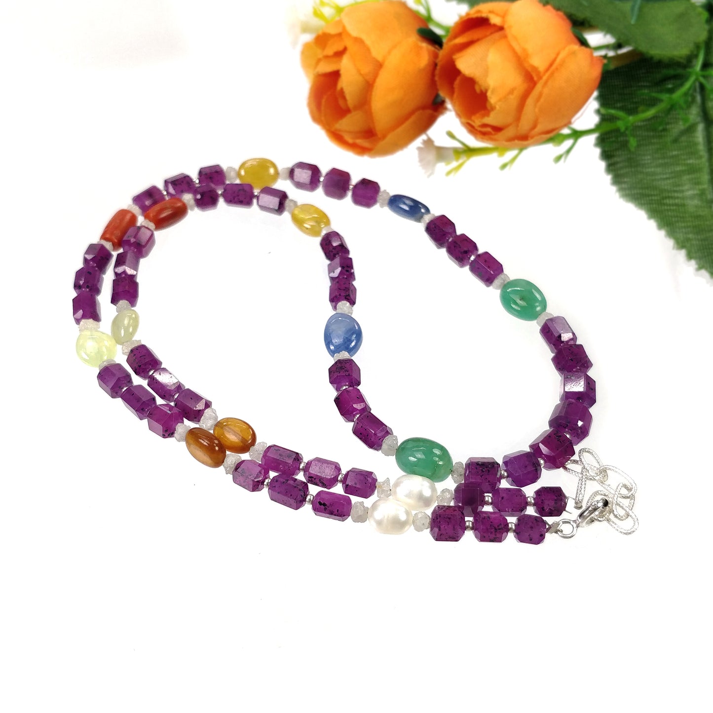 Multi Sapphire Hessonite Coral Diamond Emerald Cat's Eye Pearl Nav Ratan Necklace : 24.55gms Natural 4.5mm - 9*7mm 19"