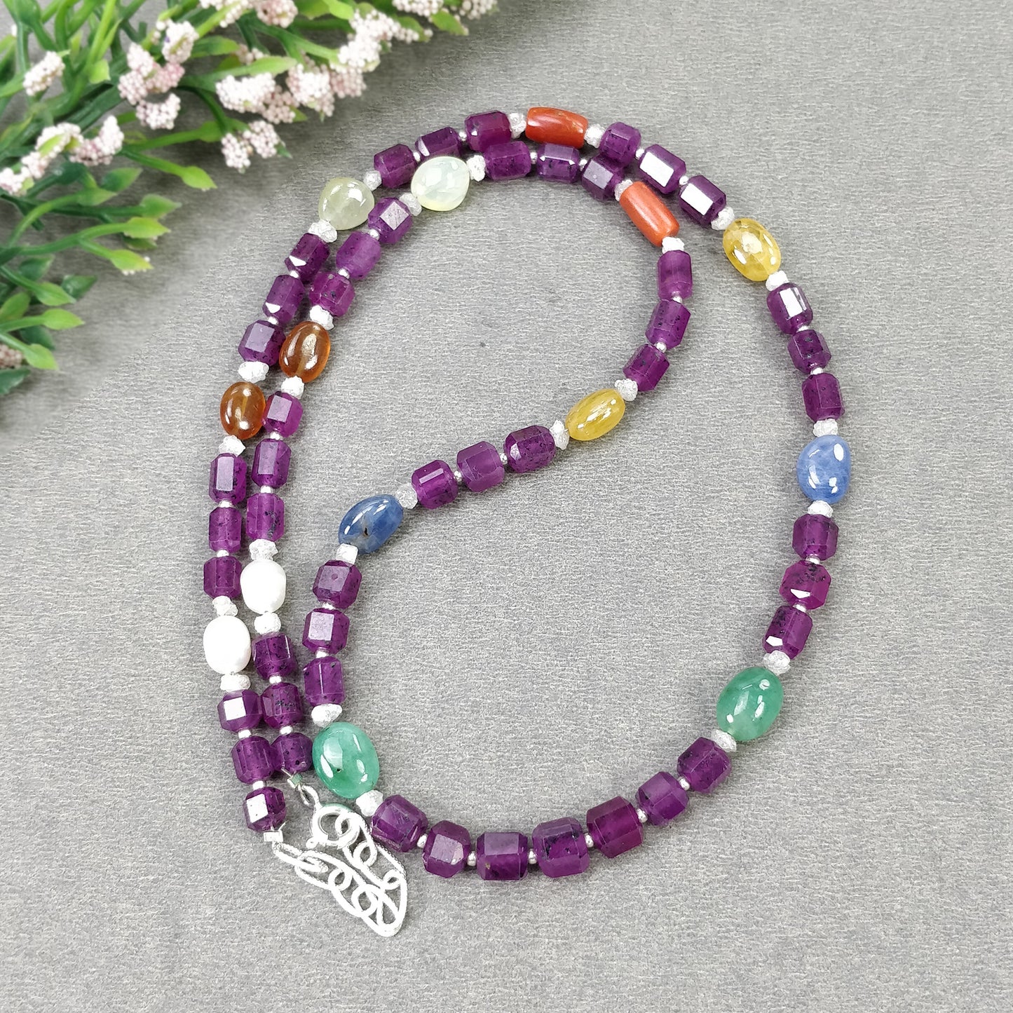 Multi Sapphire Hessonite Coral Diamond Emerald Cat's Eye Pearl Nav Ratan Necklace : 24.55gms Natural 4.5mm - 9*7mm 19"