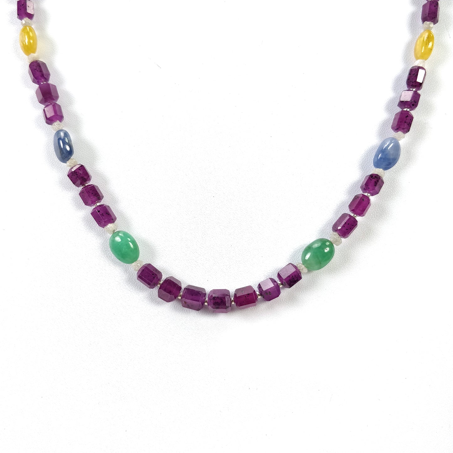 Multi Sapphire Hessonite Coral Diamond Emerald Cat's Eye Pearl Nav Ratan Necklace : 24.55gms Natural 4.5mm - 9*7mm 19"