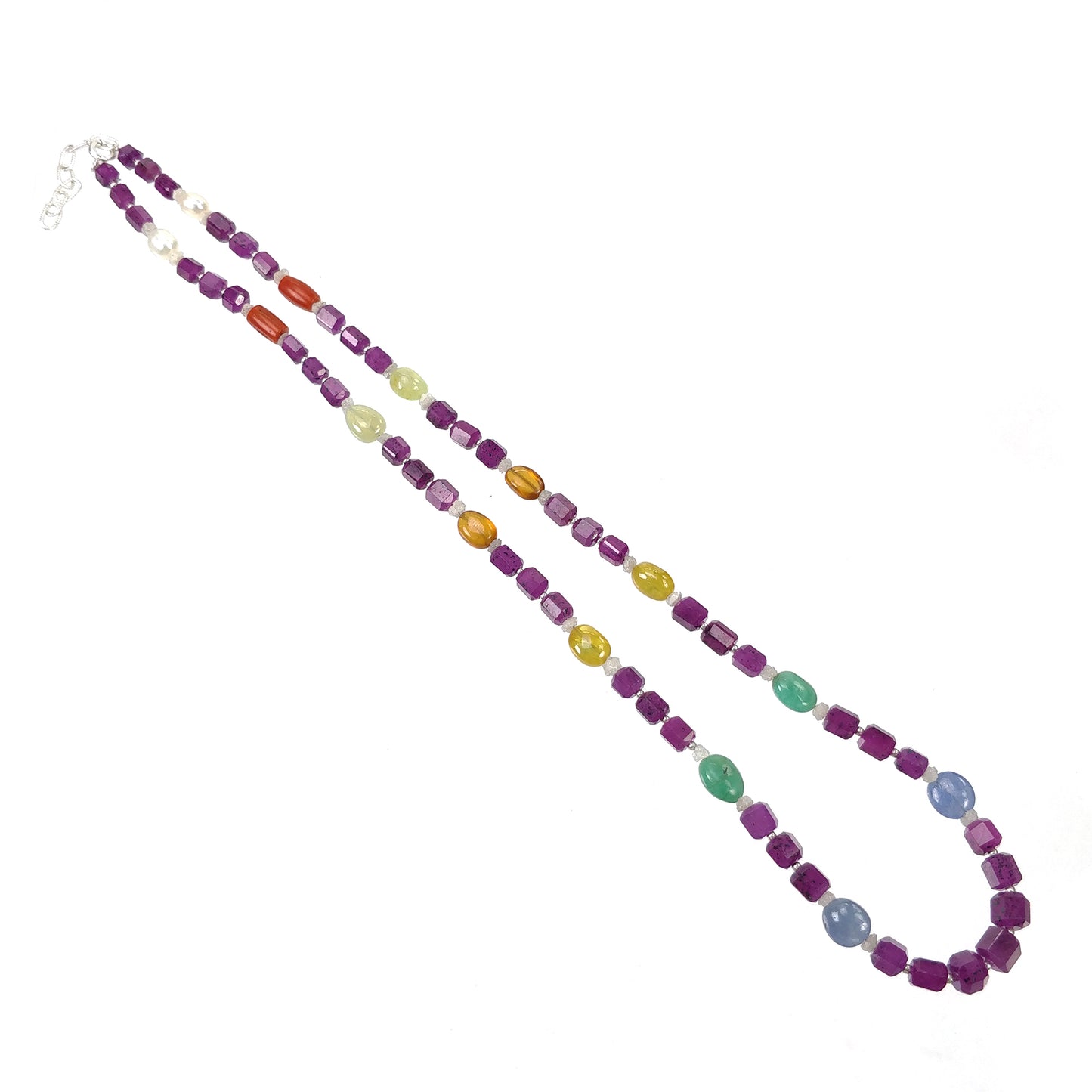Multi Sapphire Hessonite Coral Diamond Emerald Cat's Eye Pearl Nav Ratan Necklace : 25.60gms Natural 4.5mm - 9*7mm 19.5"
