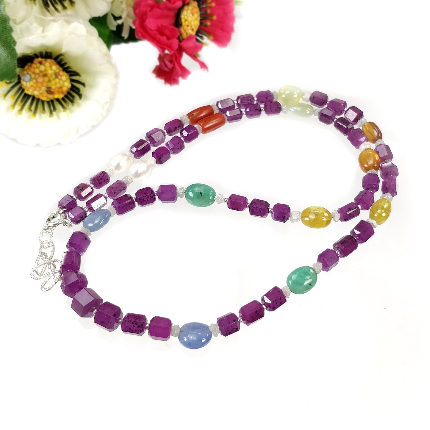 Multi Sapphire Hessonite Coral Diamond Emerald Cat's Eye Pearl Nav Ratan Necklace : 25.60gms Natural 4.5mm - 9*7mm 19.5"
