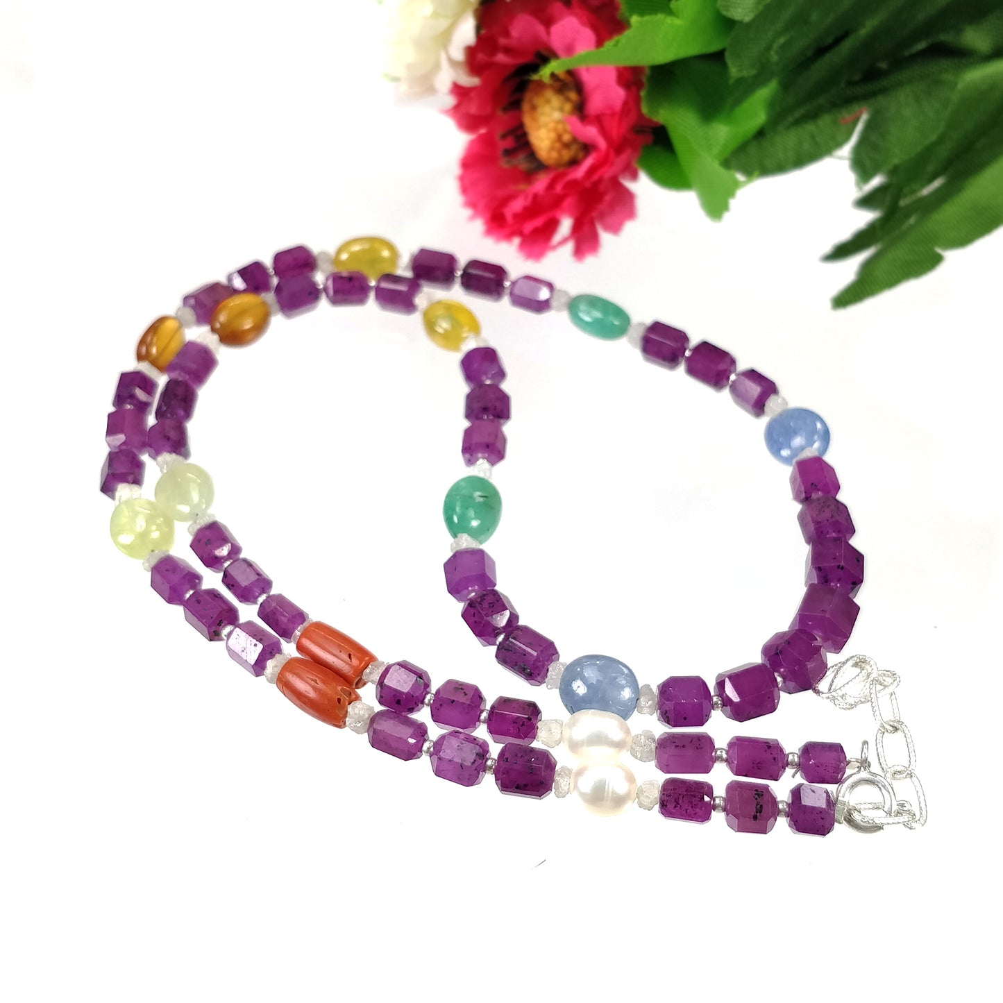 Multi Sapphire Hessonite Coral Diamond Emerald Cat's Eye Pearl Nav Ratan Necklace : 25.60gms Natural 4.5mm - 9*7mm 19.5"