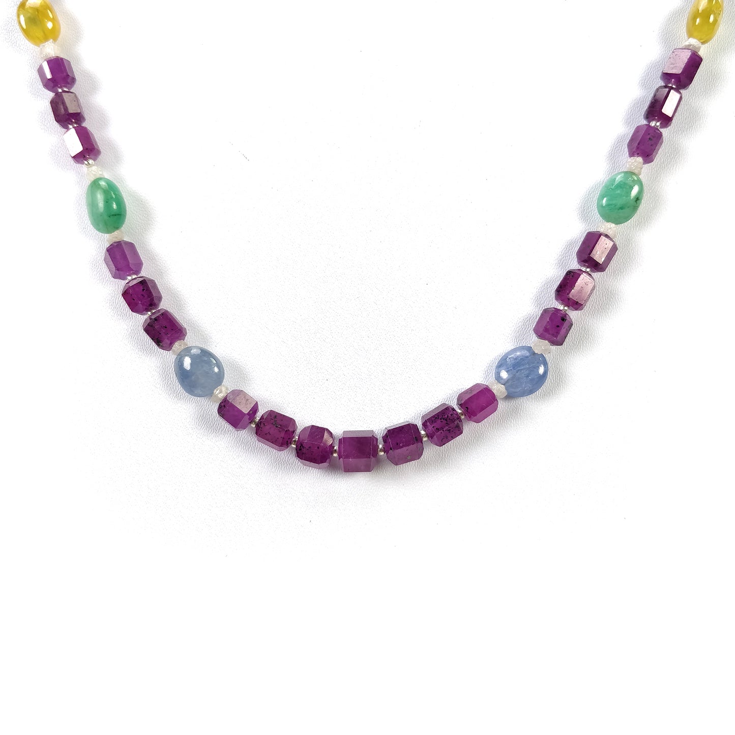Multi Sapphire Hessonite Coral Diamond Emerald Cat's Eye Pearl Nav Ratan Necklace : 25.60gms Natural 4.5mm - 9*7mm 19.5"