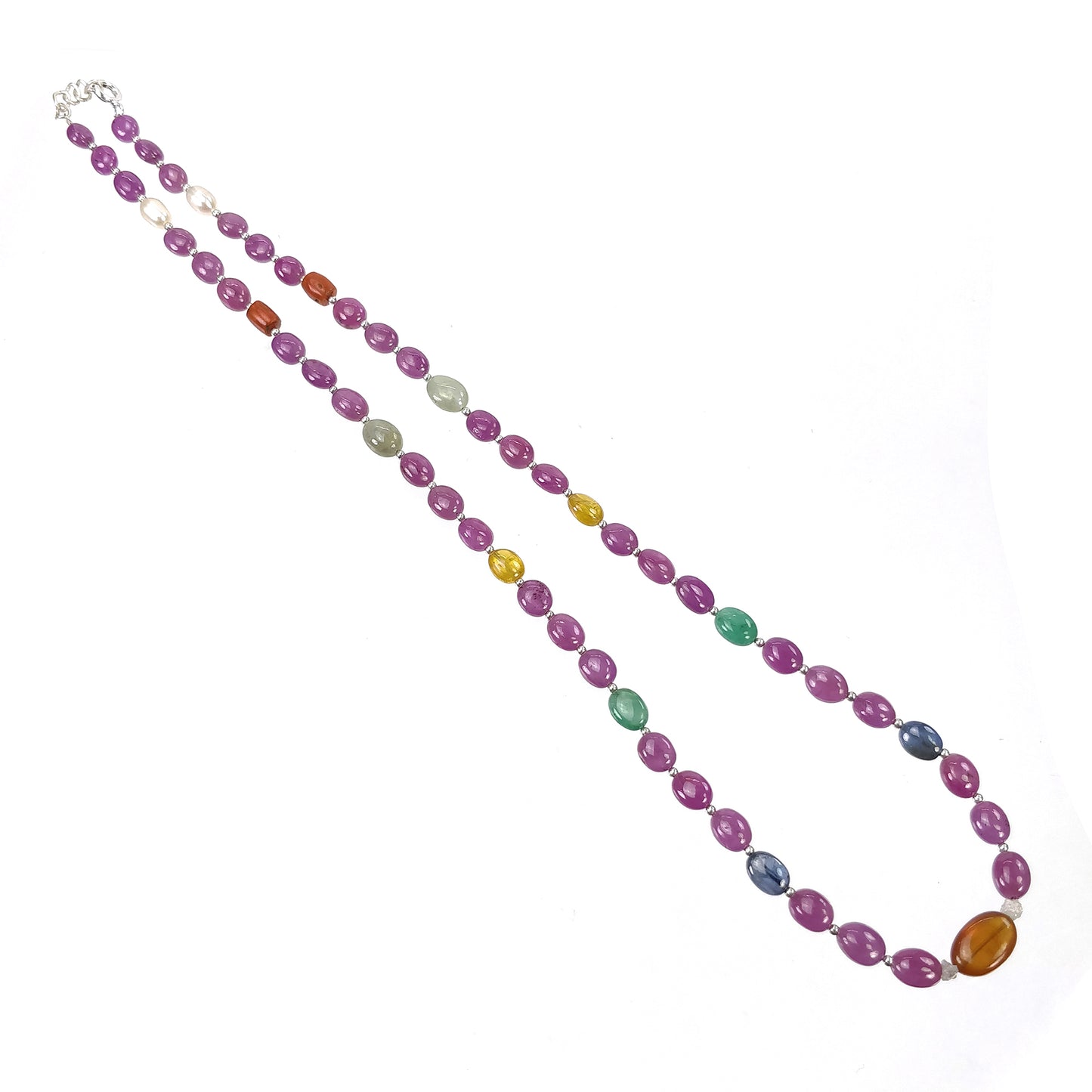Multi Sapphire Hessonite Garnet Coral Diamond Emerald Cat's Eye Pearl Nav Ratan Necklace: 17.63gms Natural 6*5mm - 10*8.5mm 17"