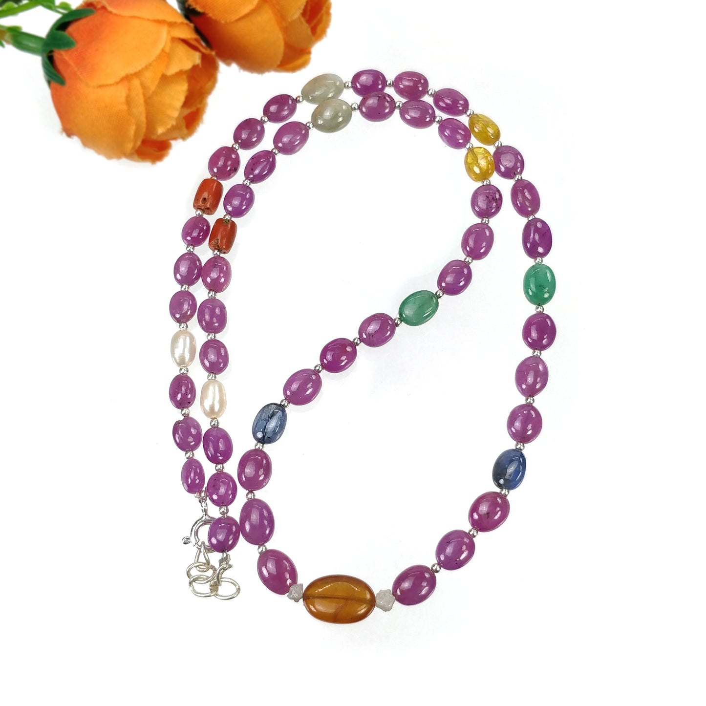 Multi Sapphire Hessonite Garnet Coral Diamond Emerald Cat's Eye Pearl Nav Ratan Necklace: 17.63gms Natural 6*5mm - 10*8.5mm 17"
