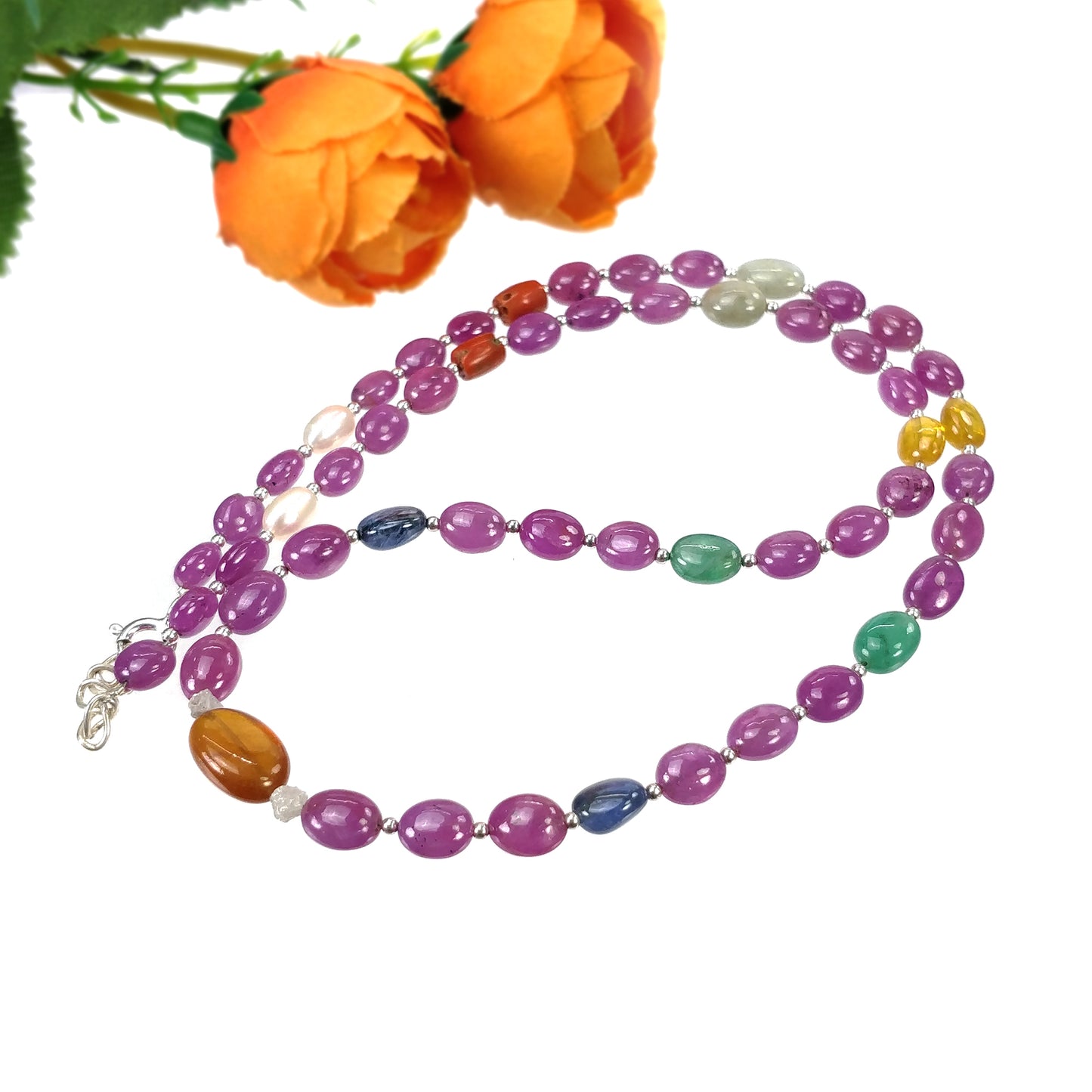 Multi Sapphire Hessonite Garnet Coral Diamond Emerald Cat's Eye Pearl Nav Ratan Necklace: 17.63gms Natural 6*5mm - 10*8.5mm 17"